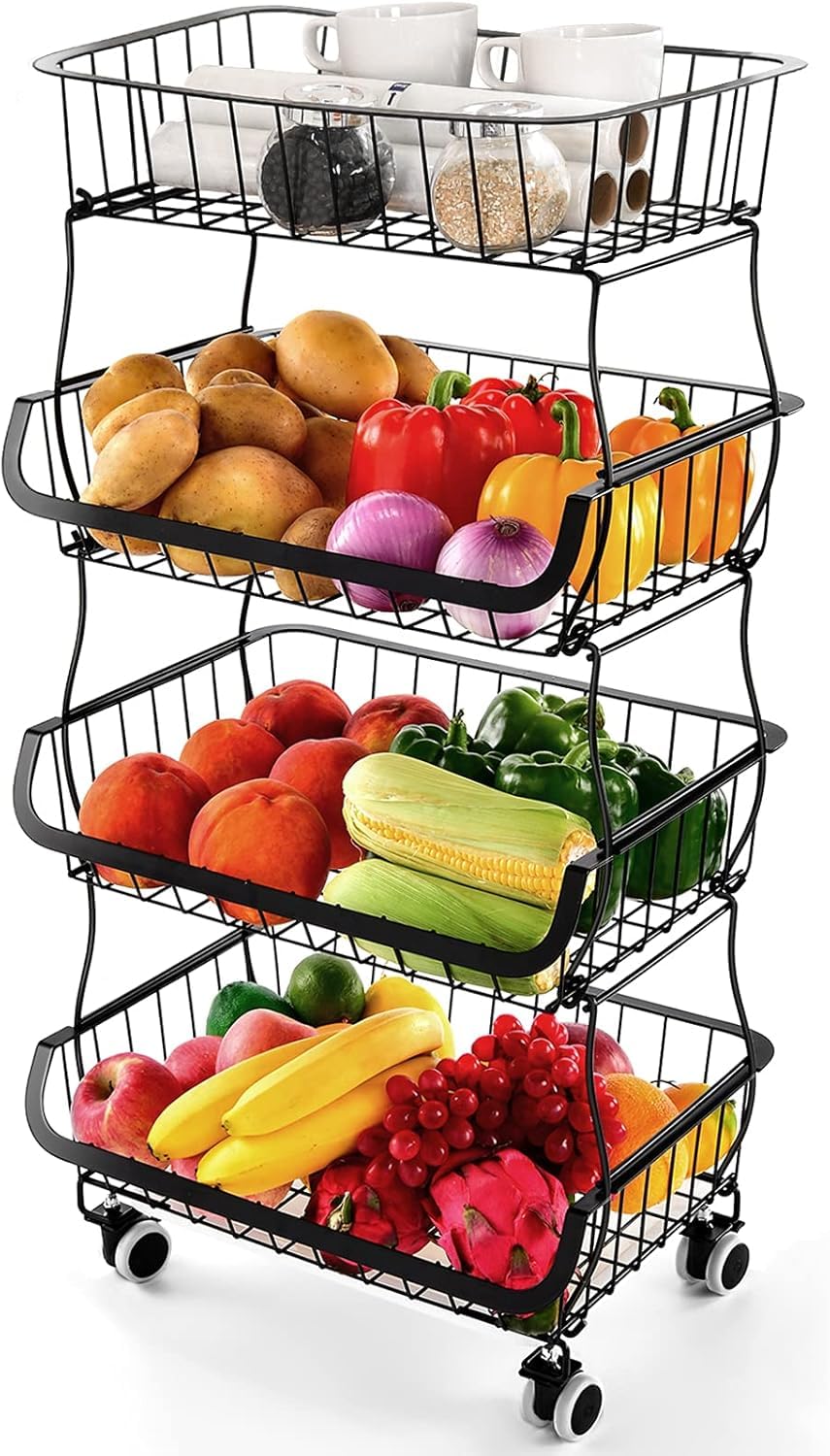 Miyawell Fruit Vegetable Storage Basket, 4 Tier Stackable Metal Wire Storage Baskets with Wheels