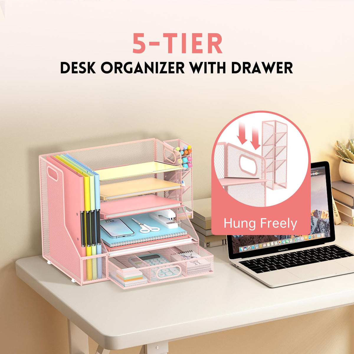 5-Tier Desk Organizer with File Holder & Pen Holder & Sliding Drawer, Pink