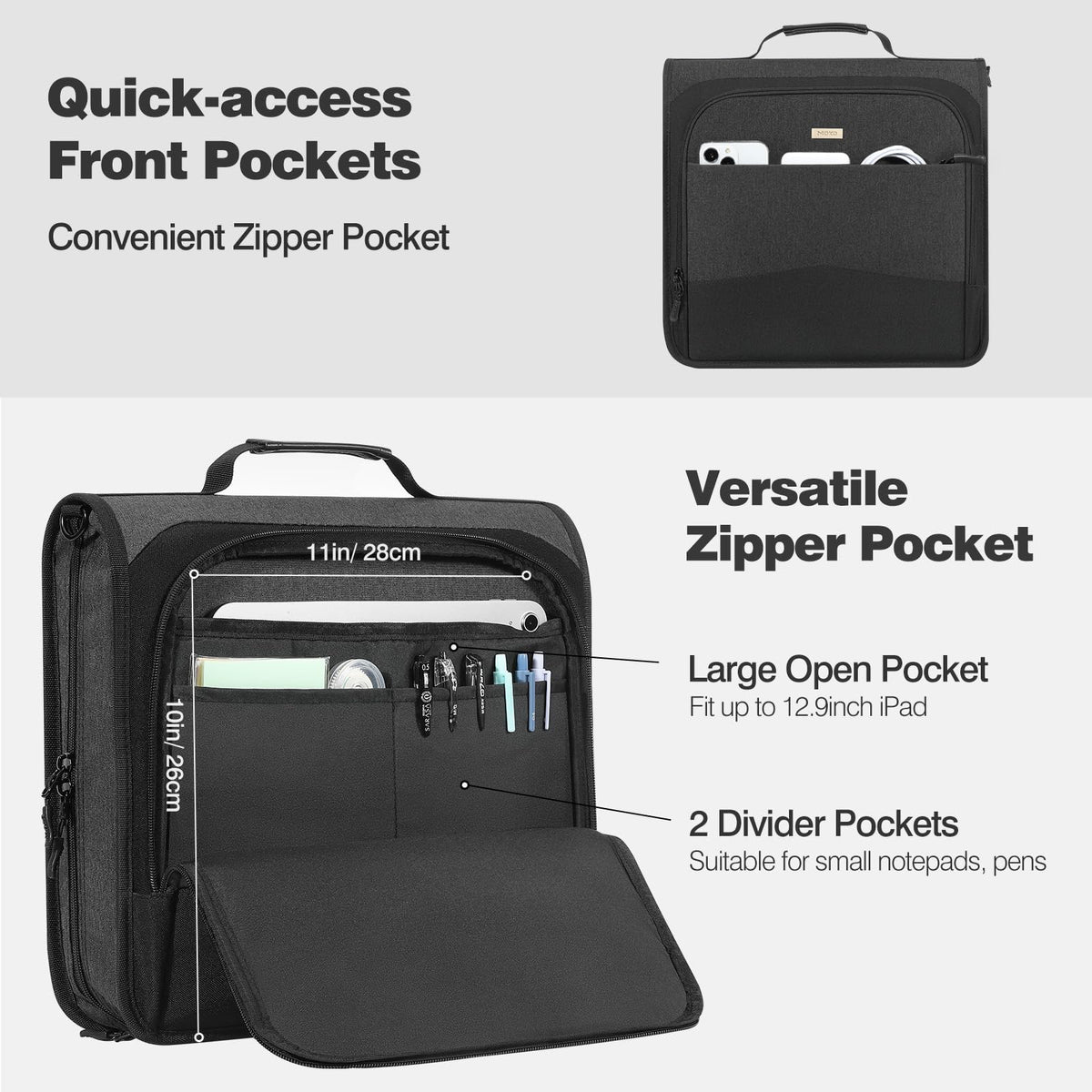 MoKo Zipper Binder, 3-Inch 3-Ring, 600 Sheets, 6-Tab File Folders, Black