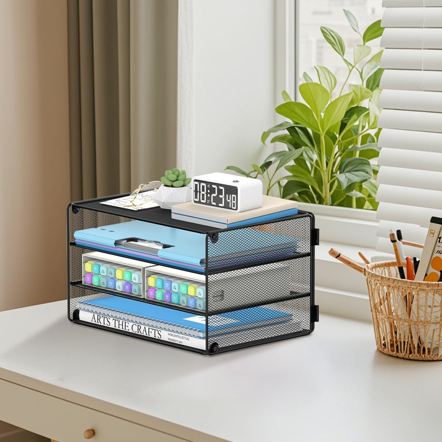 DALTACK 3 Tier Letter Tray Paper Organizer with Sliding Mesh Trays Black