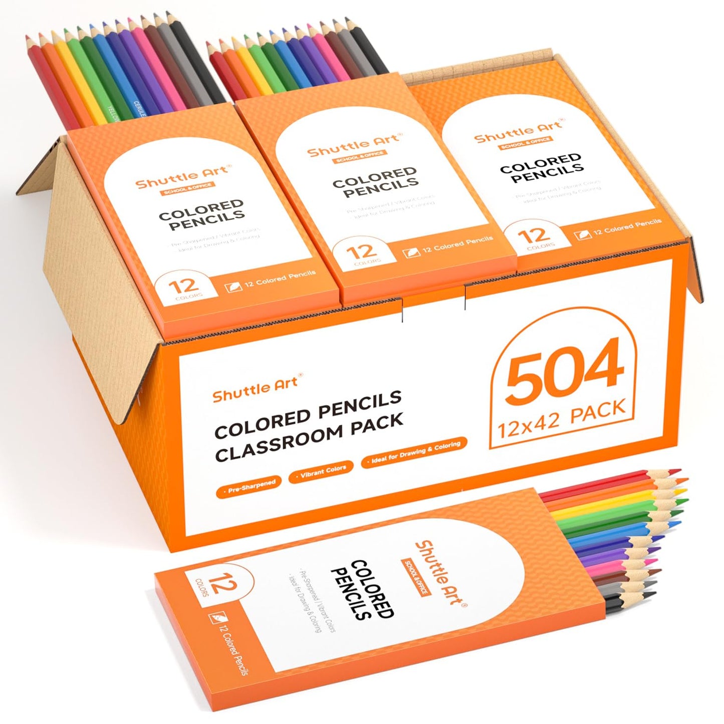Shuttle Art 504 Colored Pencils Bulk, 12 Vibrant Colors, Pack of 42, Pre-sharpened Coloring