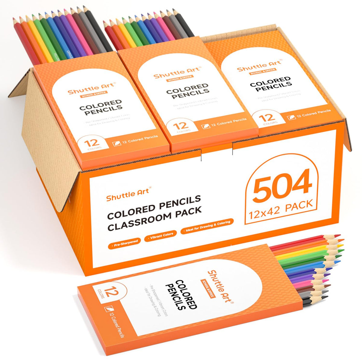 Shuttle Art 504 Colored Pencils Bulk, 12 Vibrant Colors, Pack of 42, Pre-sharpened Coloring