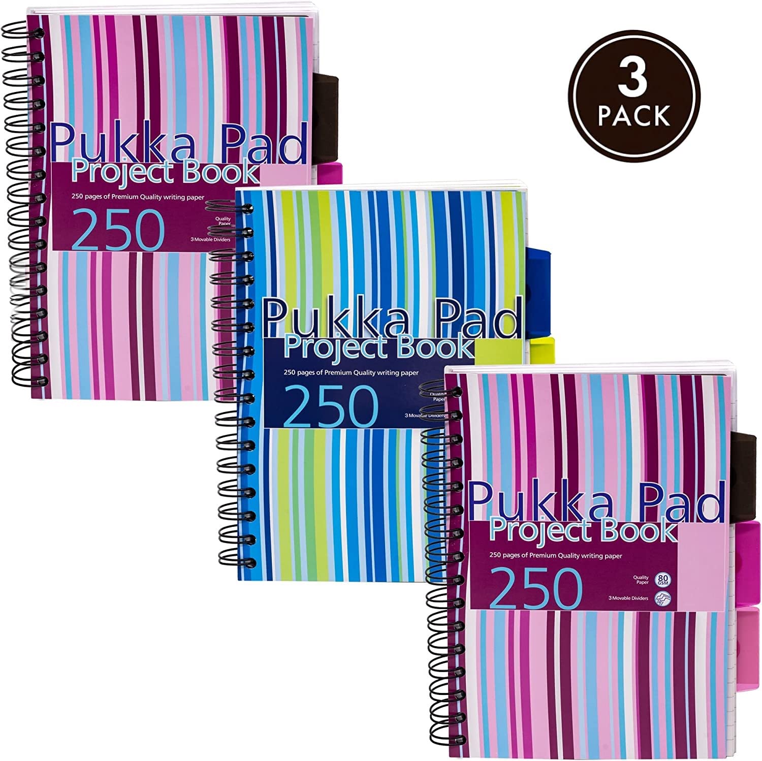 Pukka Pad, A5 Striped Project Notebook 3-Pack - 21 x 14.9cm - Wirebound Notebook with 8mm Feint