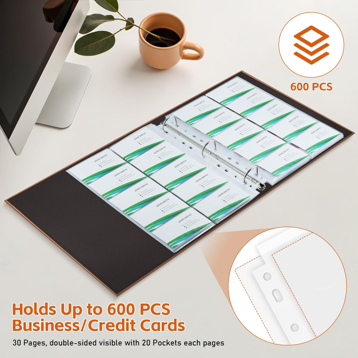 BYSTER A4 Business Card Holder Organizer, PU Leather Card Binder with 30 Pack Sleeves (600