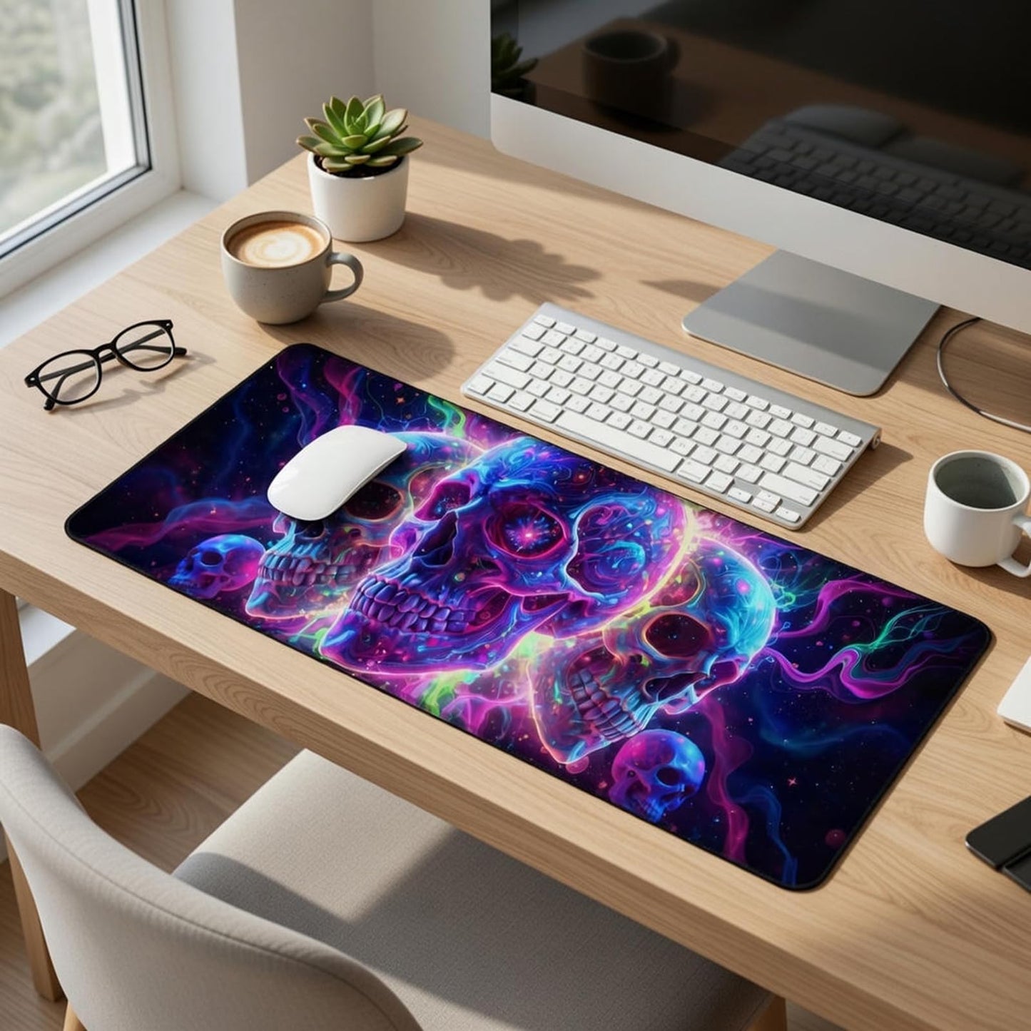 Manicer Blacklight Skull Mouse Pad – UV Reactive Neon Glow Gaming Desk Mat, Colorful Skeleton