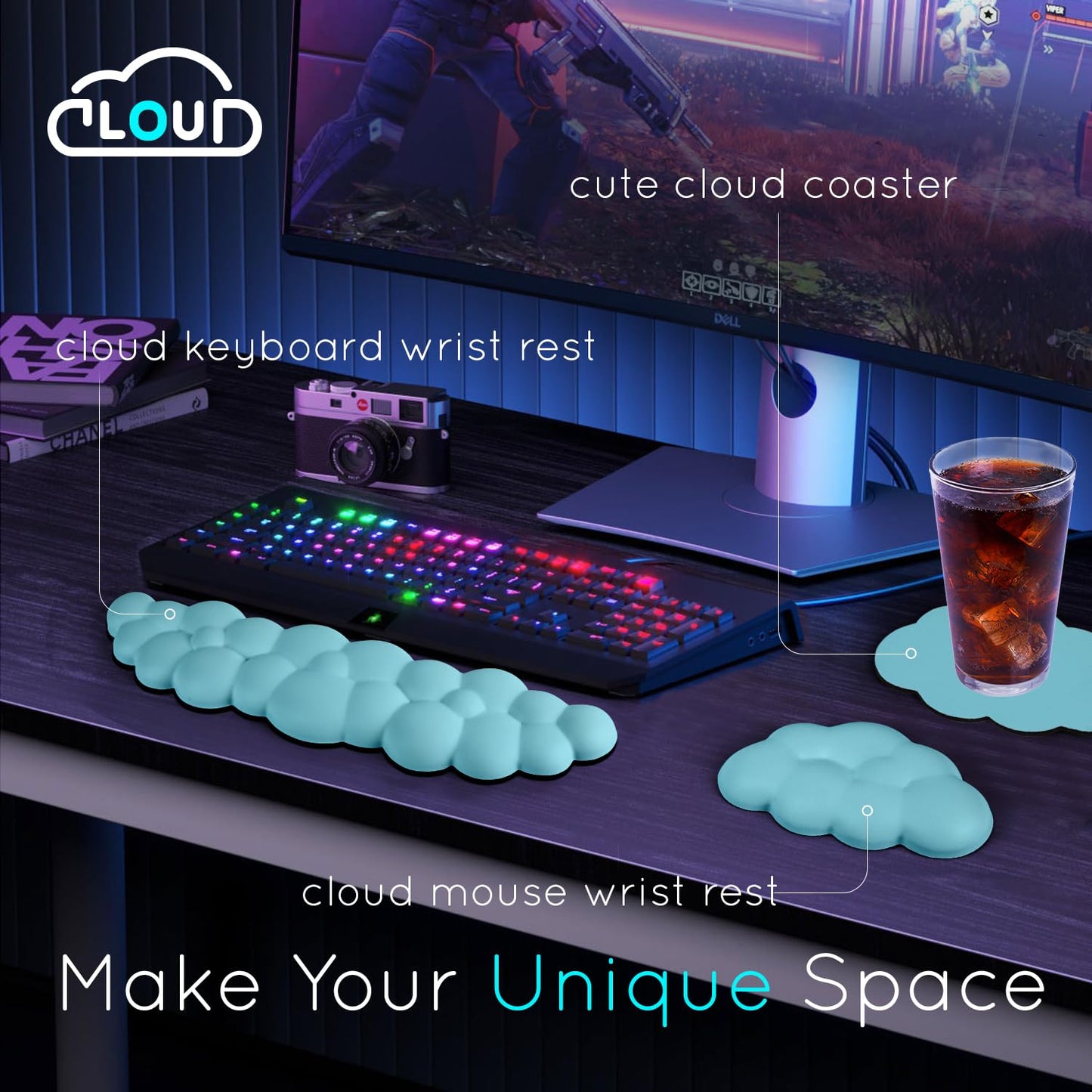 Cloud Wrist Rest for Computer Keyboard and Mouse - Ergonomic Memory Foam With Non-Slip Base
