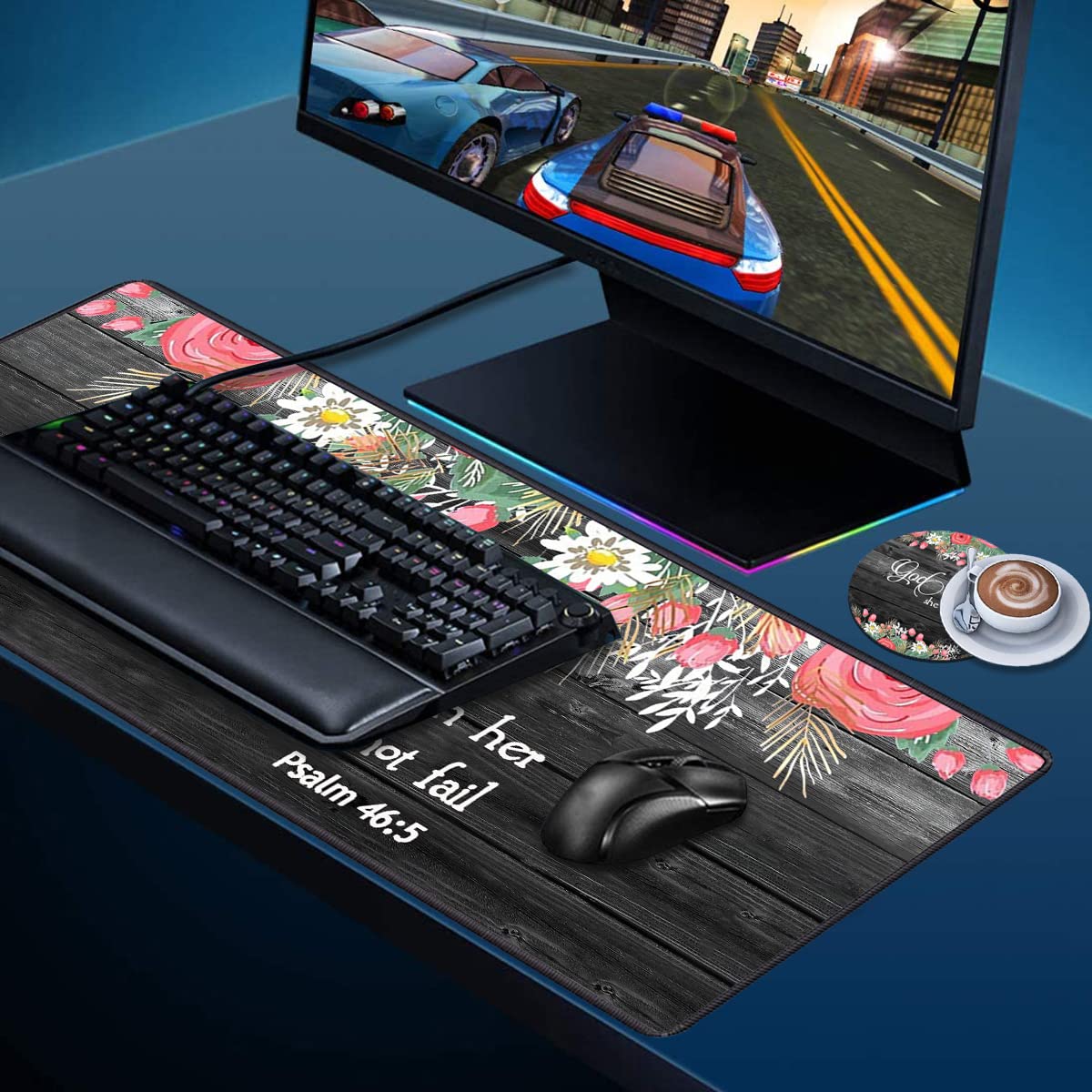 Desk Pad Mat With Coasters, 31.5"x 11.8" XXL Large Gaming Mouse Mat With Non-Slip Base and Stitched