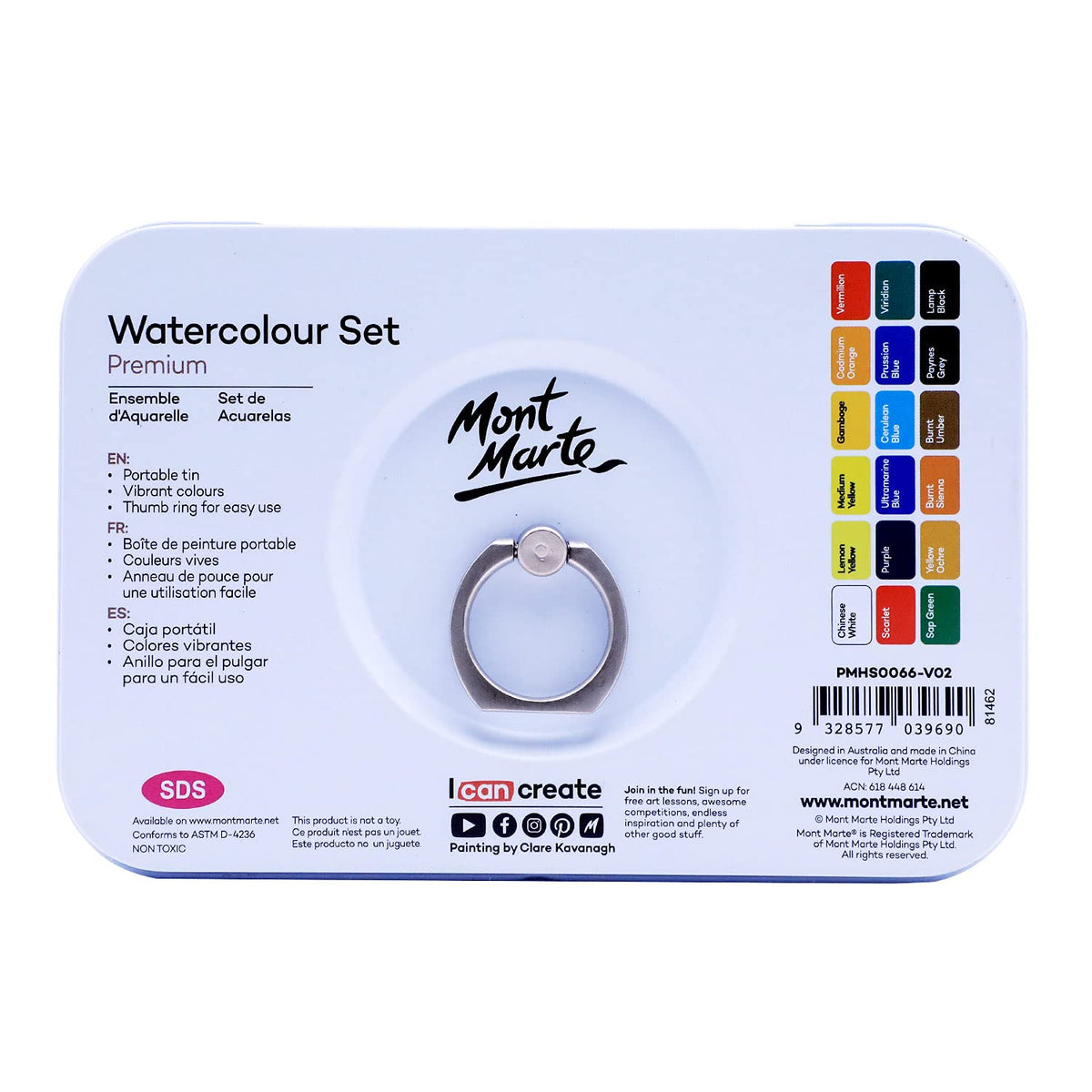 Mont Marte Premium Watercolor Cake Set, 21 Piece, 18 Colors, 1 Water Brush, 1 Sponge, 4 Mixing Wells