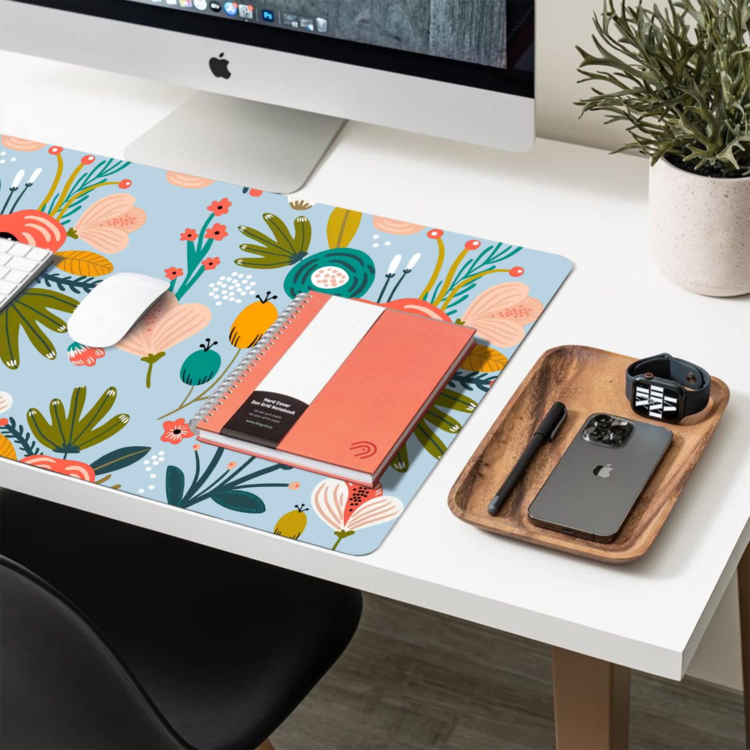 Floral Desk Mat, Non-Slip PU Leather Desk Pad, Blue 27.5"x13.8"