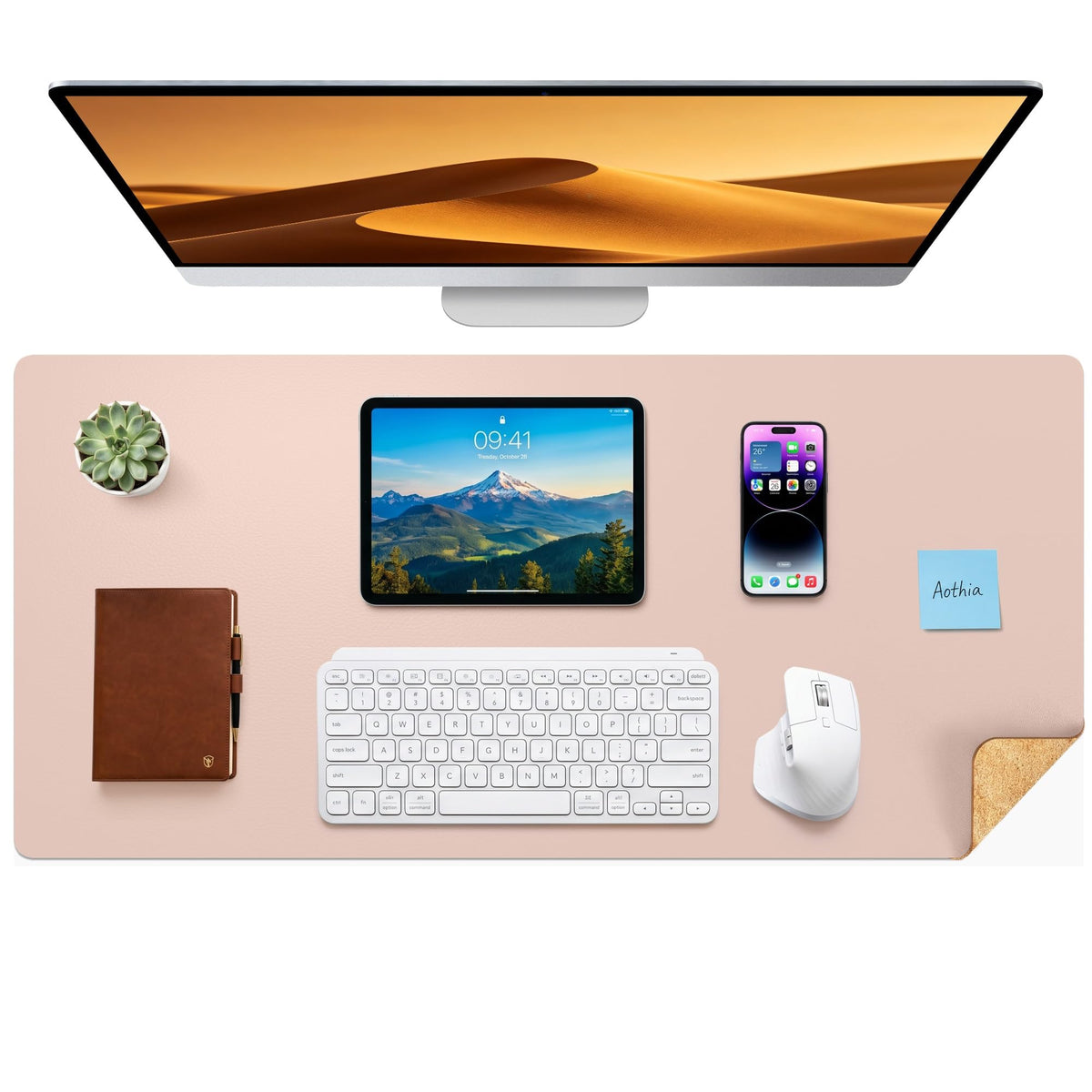 Aothia Double-Sided Desk Pad – 37.8"x17" Leather Desk Mat with Eco Cork Protector, Large Mouse Pad