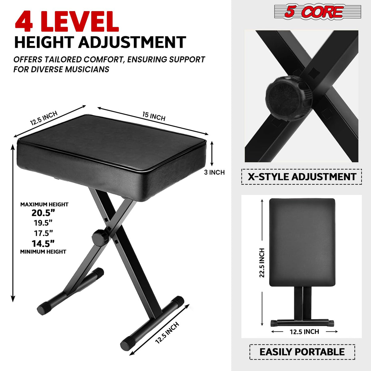 5 CORE Keyboard Bench 3 Inch Padded Cushion Adjustable 14.5" to 20.5" Piano Stool Heavy Duty