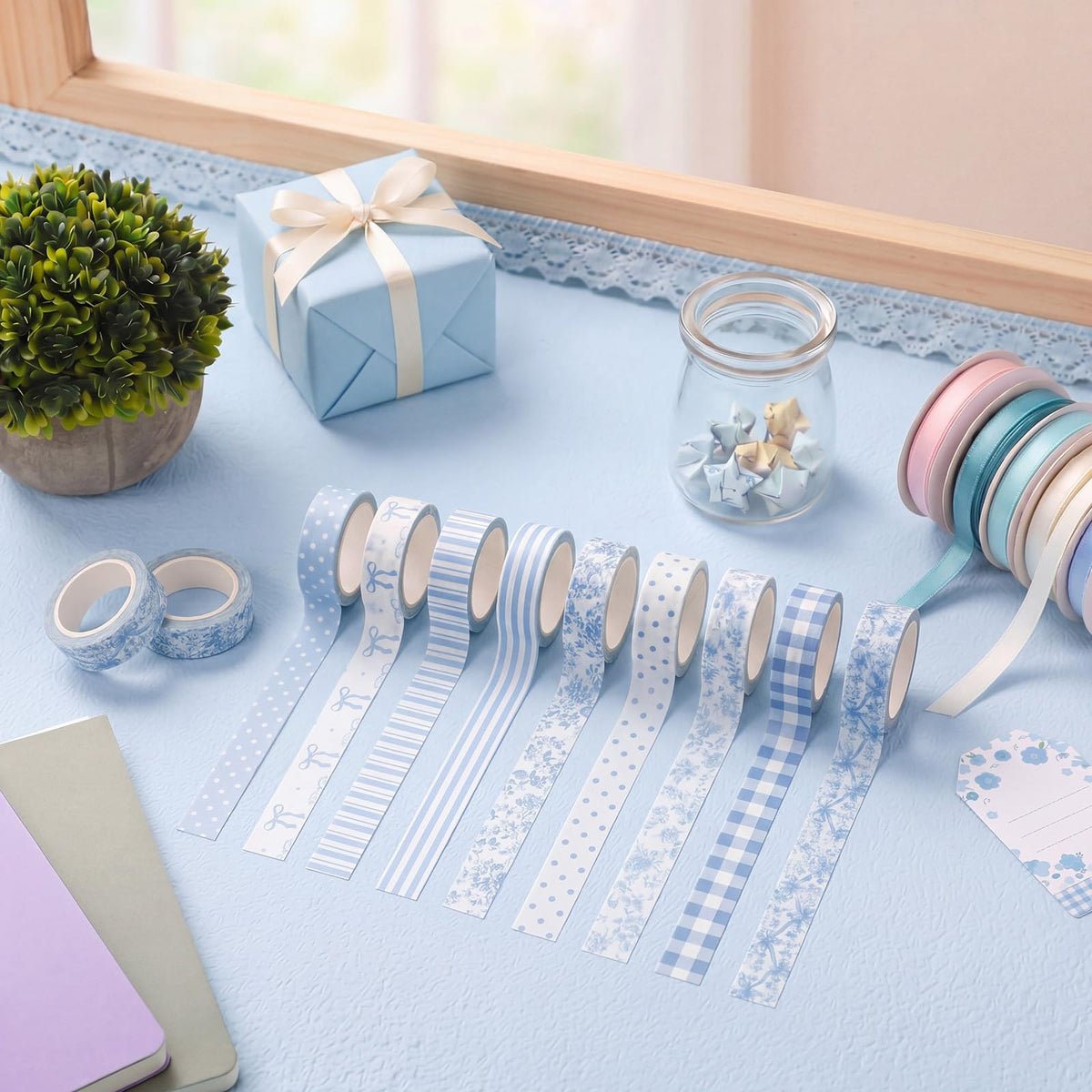 YooNotee 12 Rolls Floral Washi Tape Set,Blue and White,Floral