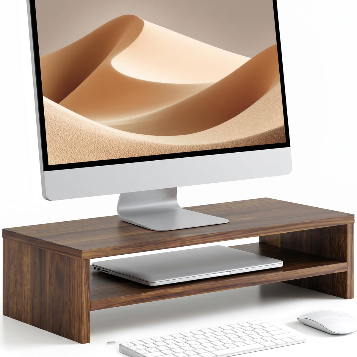 FITUEYES Wooden Monitor Stand Riser, 2-Tier Desk Storage Shelf, Brown