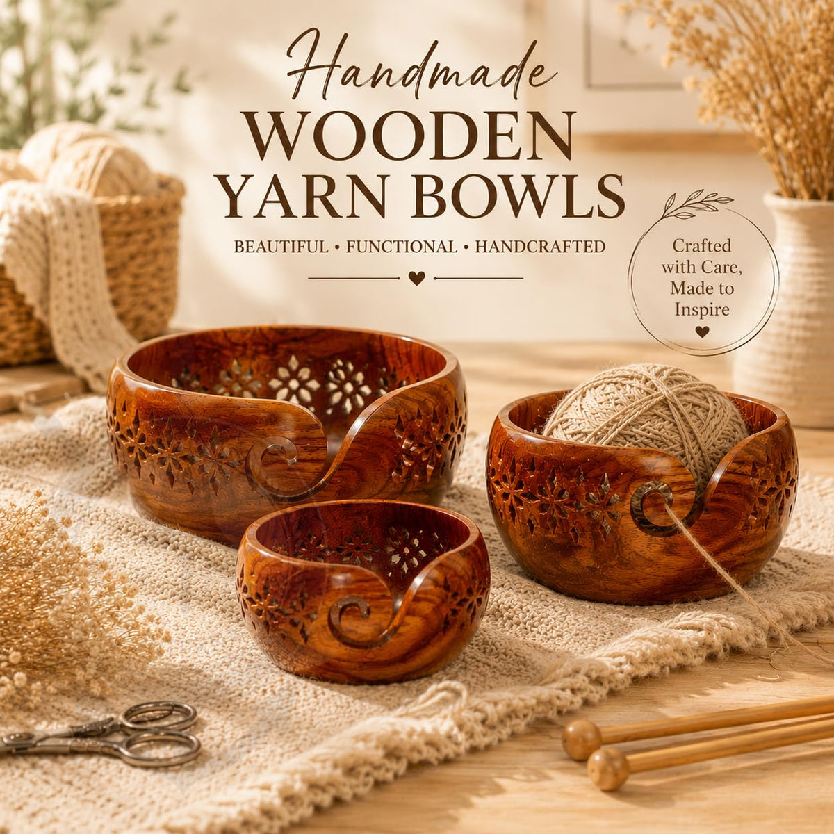 Nagina International Rosewood Crafted Wooden Yarn Storage Bowl With Carved Holes & Drills |