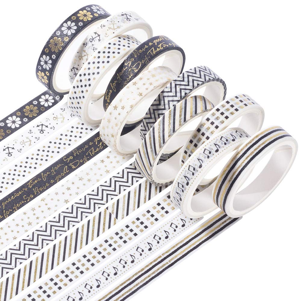 YUBBAEX 10 Rolls Sparkling Washi Tape Set 8mm Skinny Gold Foil Decorative Masking Washi Tapes for