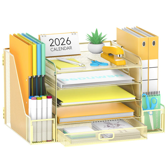 SUPEASY Mesh Desk Organizer with File Holder, 5-Tier Paper Letter Tray Organizer with Magazine