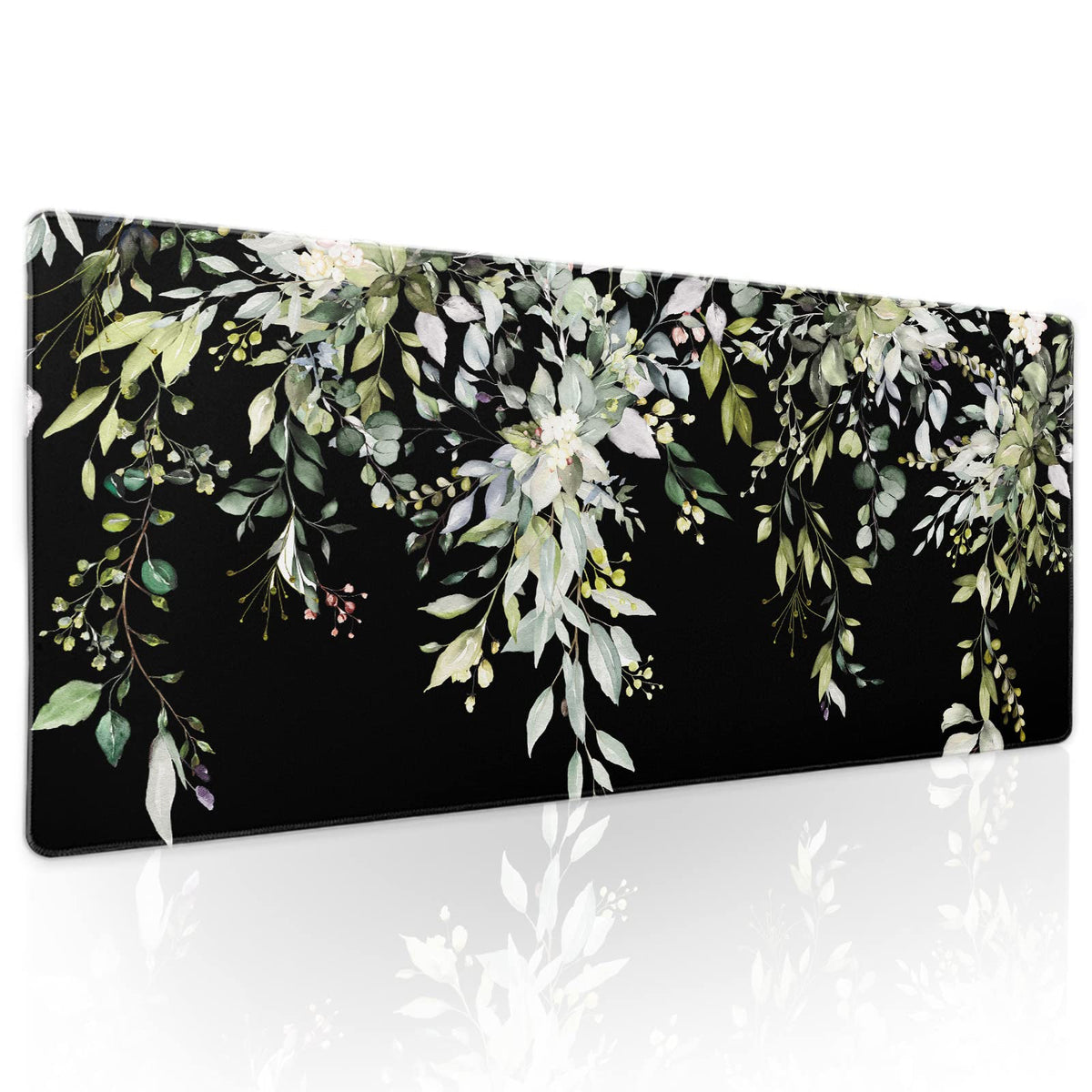 aportt Sage Green Leaves Gaming Mouse Pad XL Spring Summer Floral Extended Large Desk Mat Black Big
