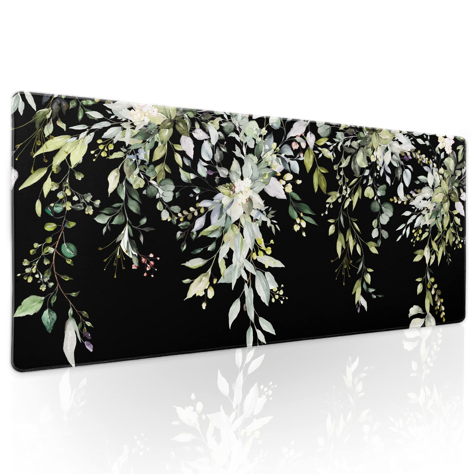 aportt Sage Green Leaves Gaming Mouse Pad XL Spring Summer Floral Extended Large Desk Mat Black Big