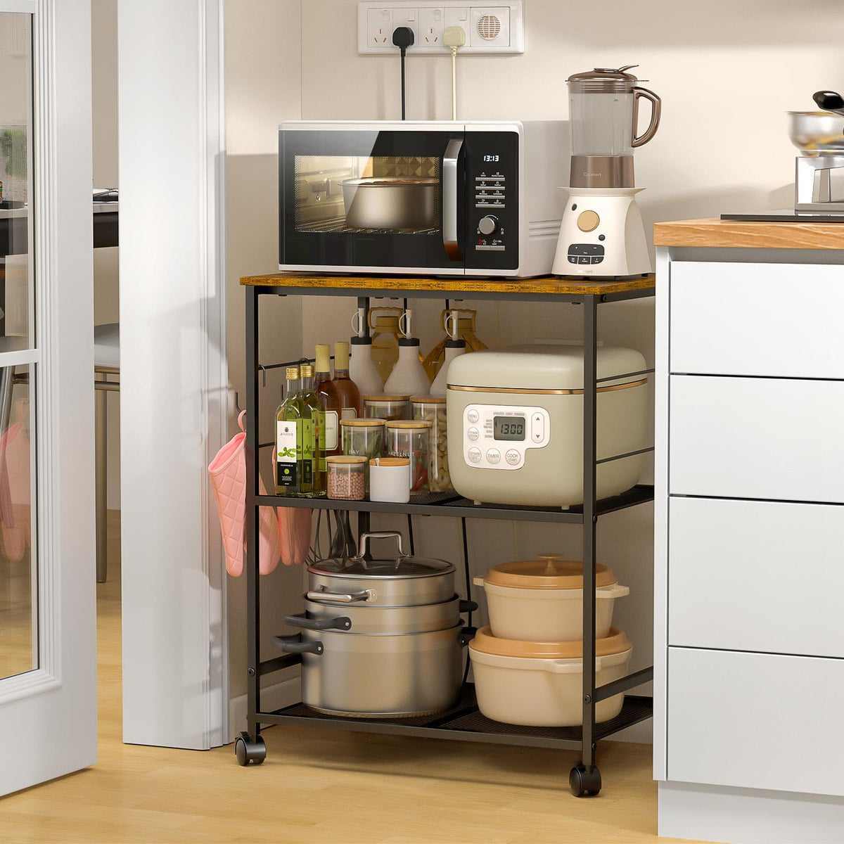ThreeHio Rolling Kitchen Microwave Cart, 3 Tier Microwave Table Stand with Storage, Kitchen Utility