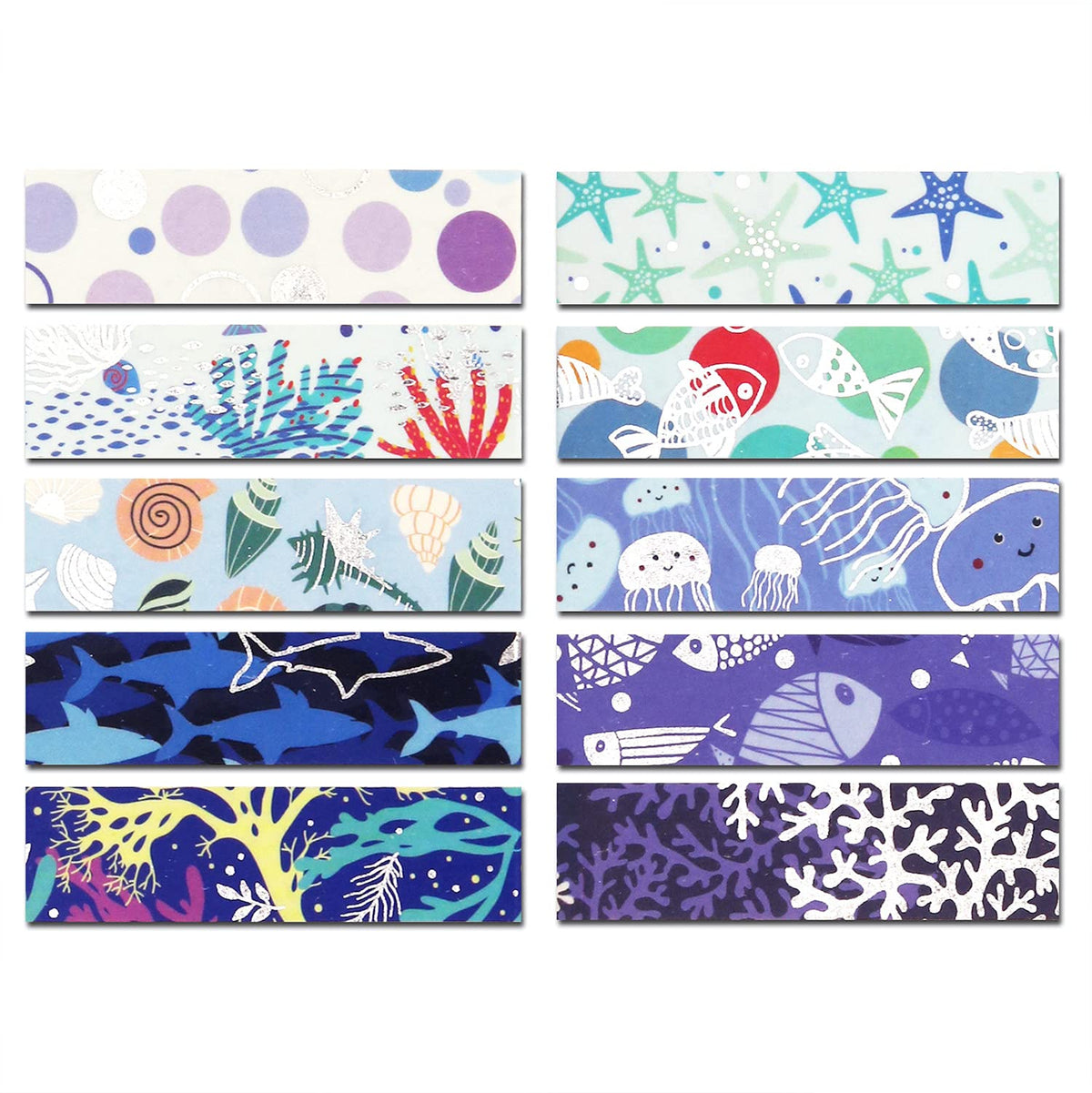 YUBX Ocean Blue Washi Tape Set 10 Rolls Silver Foil Print Decorative Masking Tapes for Arts, DIY