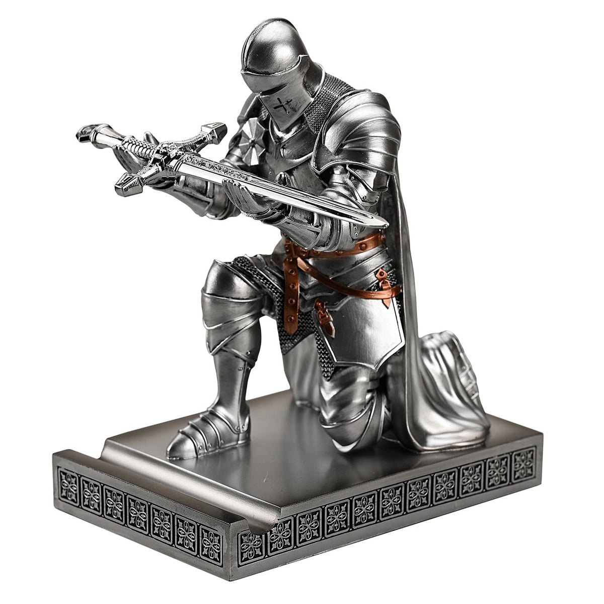 Medieval Armored Knight Pen Holder Figurine Paperweight Phone Stand Silver