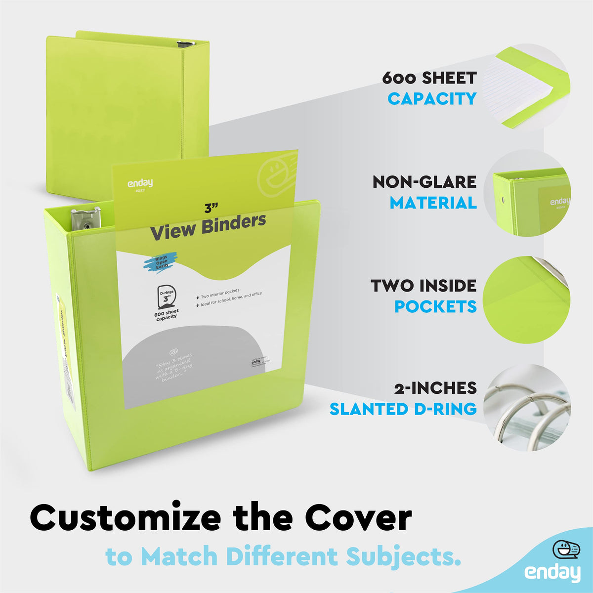 Enday 3 inch Binder (6 Pack - Assorted Colors) 3 Ring Binder 3 inch with Clear View Cover and 2