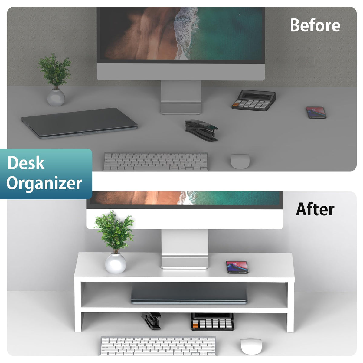 FITUEYES Wooden Monitor Stand Riser, 2-Tier Desk Storage Shelf, White