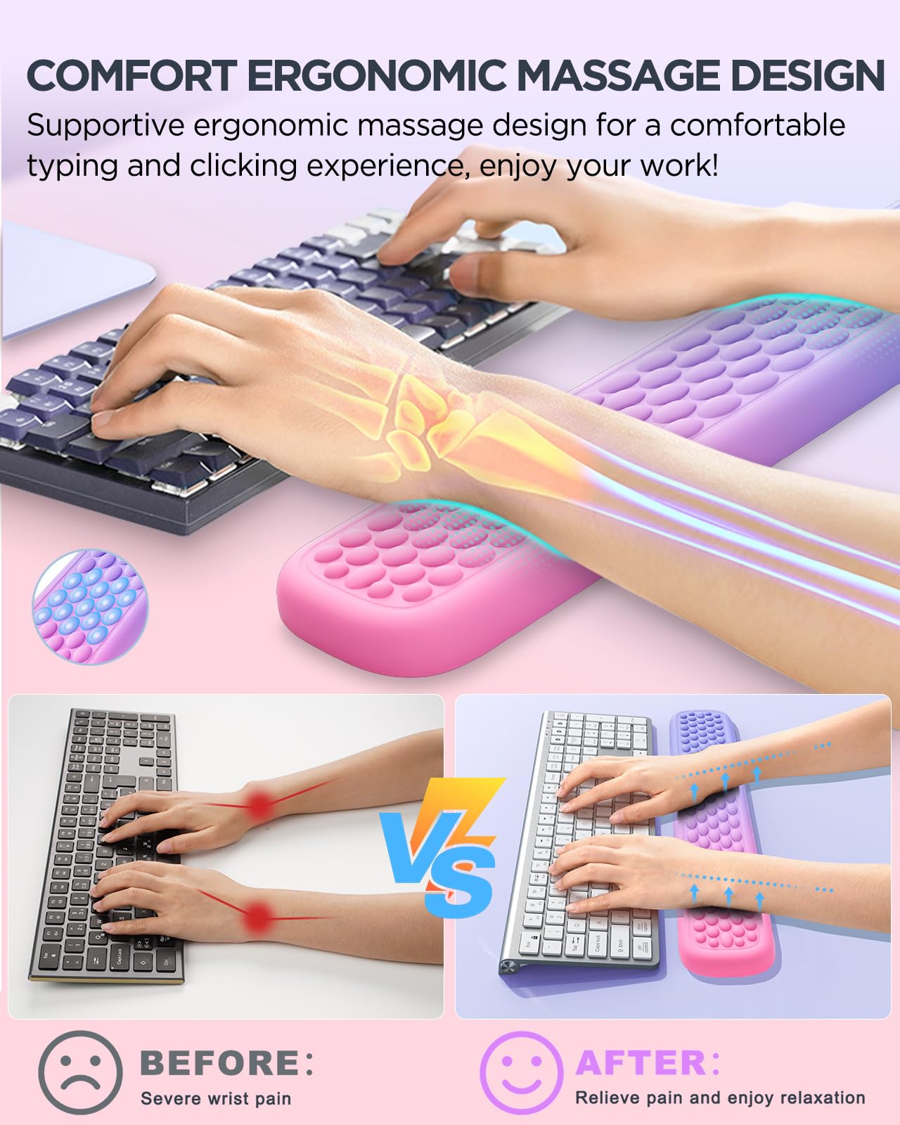 Lekvey Ergonomic Gaming Wrist Rest for Keyboard & Mouse (Pink/Purple)