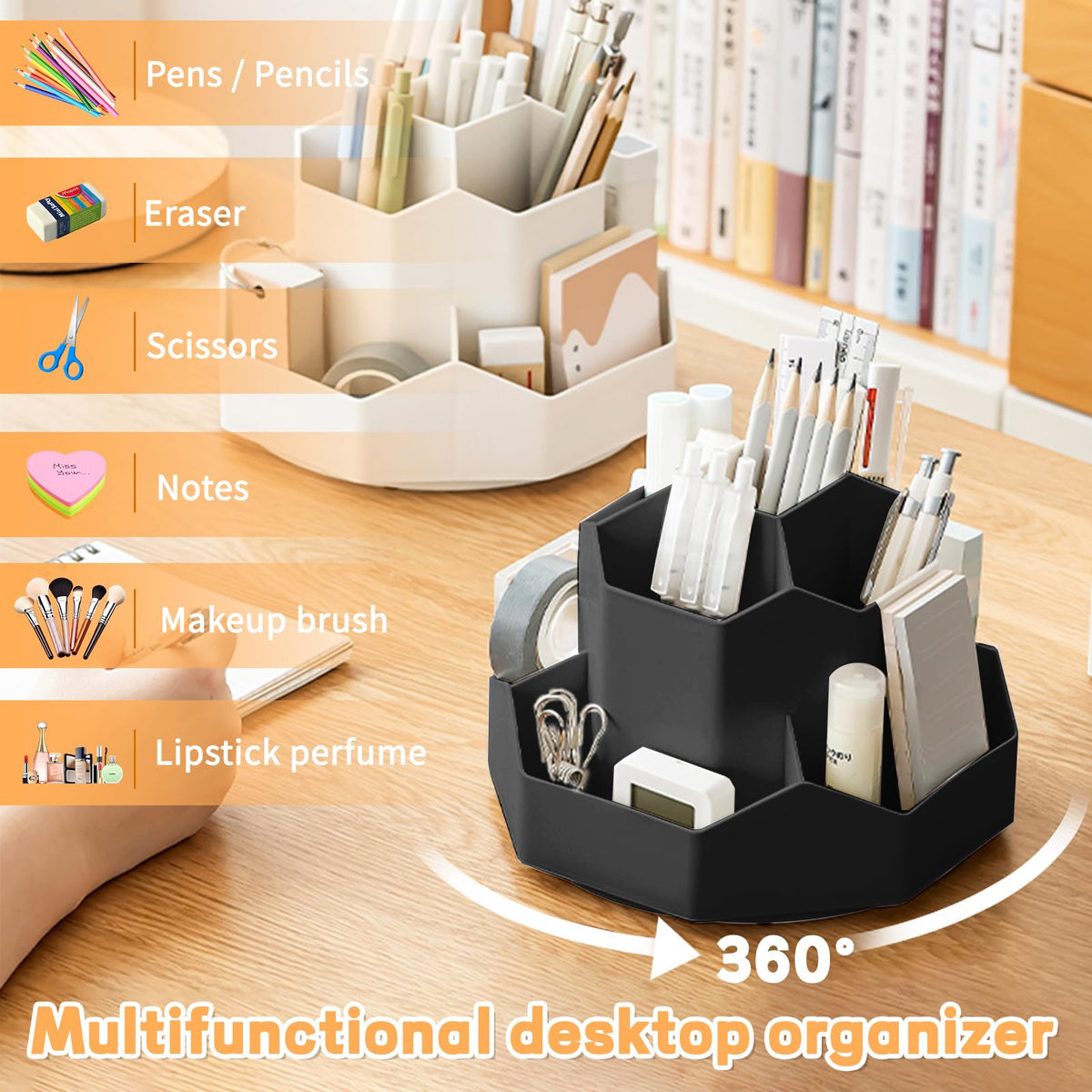 Cayxenful Pencil Pen Holder for Desk,9 Slots 360 Degree Rotating Desk Organizers,Desktop Storage
