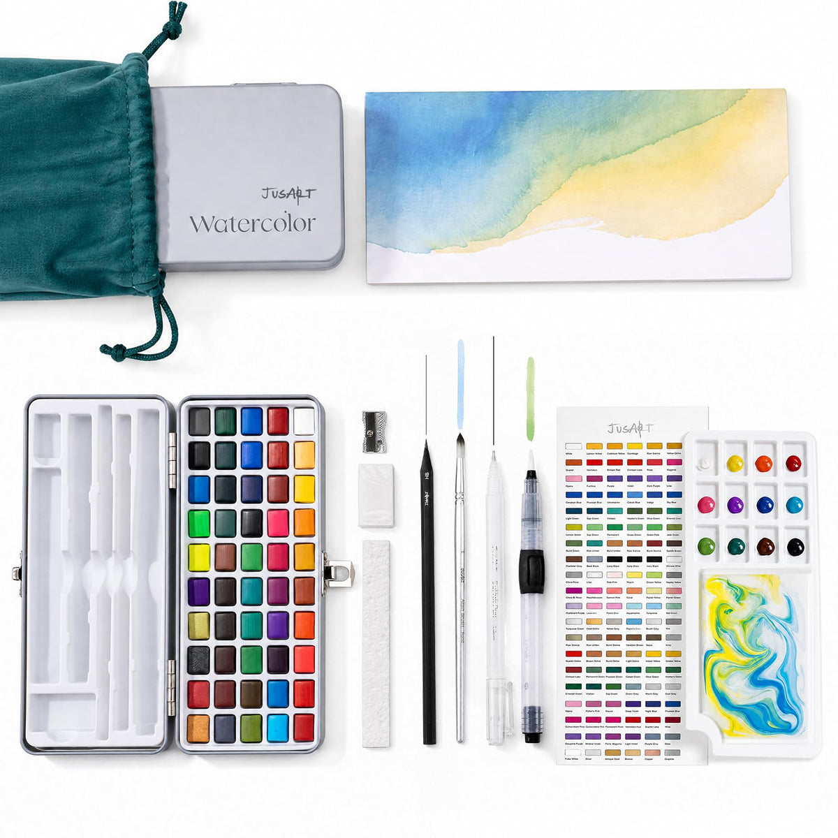 JusArt 50 Colors Watercolor Paint Set,Art Supplies Portable Paint Art Kit