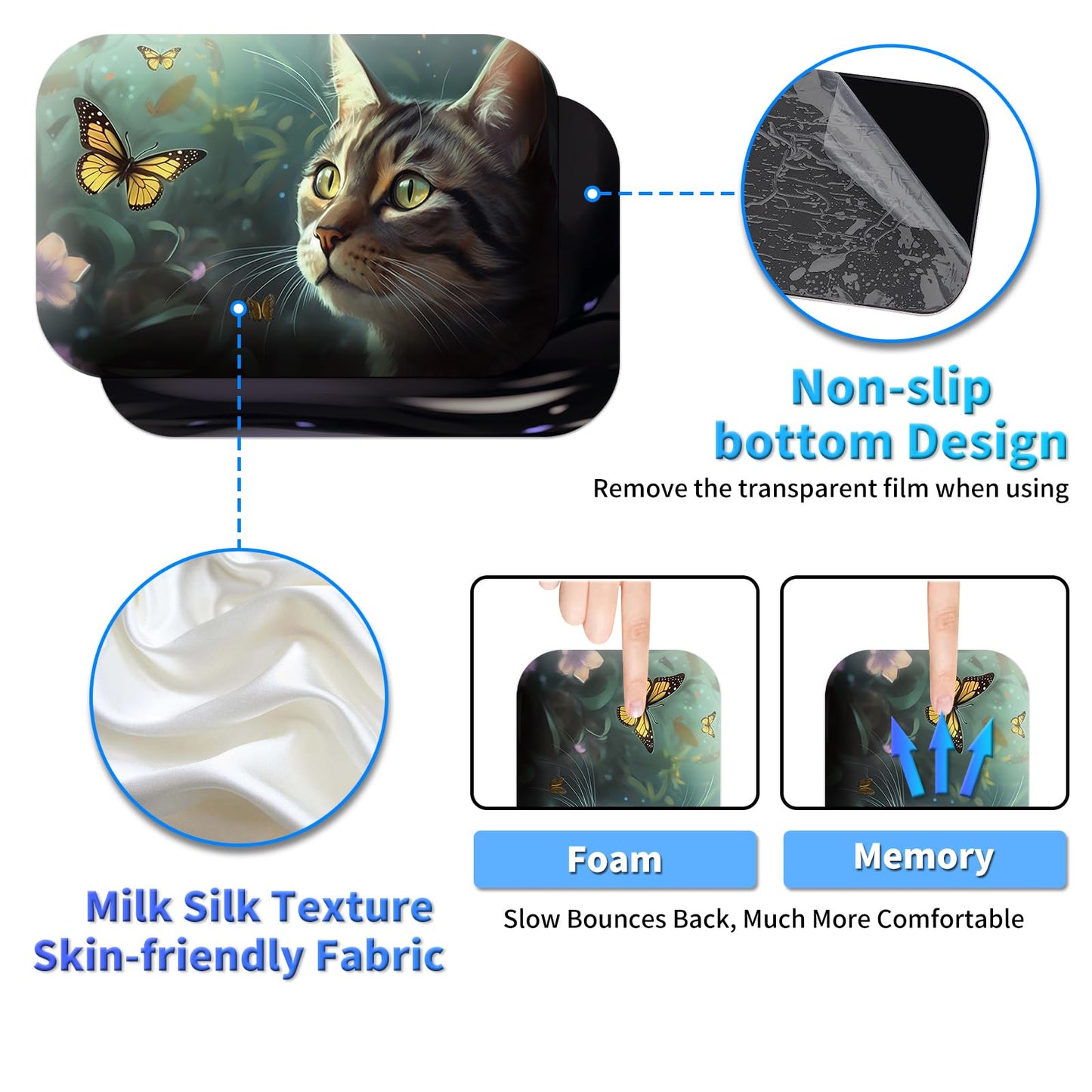 BPQOJB Laptop Mouse Pad 27.5 x 11.8 inch & Small Wrist Rests with Coasters and Cute Cat & Butterfly
