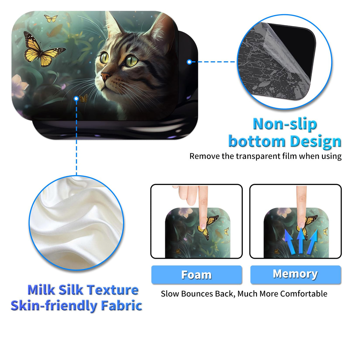 BPQOJB Laptop Mouse Pad 27.5 x 11.8 inch & Small Wrist Rests with Coasters and Cute Cat & Butterfly