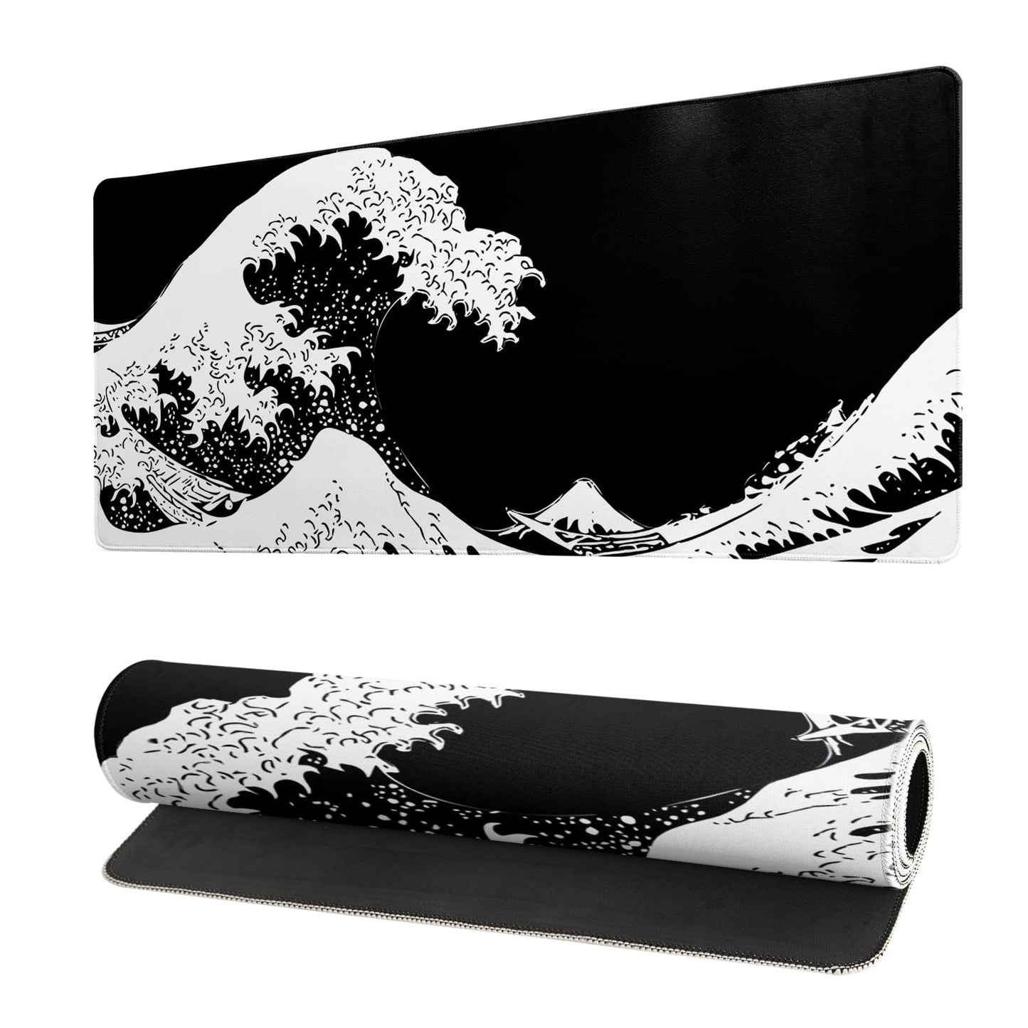 Japanese Sea Wave Large Mouse Pad, Abstract Black Gaming Mousepad, Extended Kanagawa Mat Desk Pad