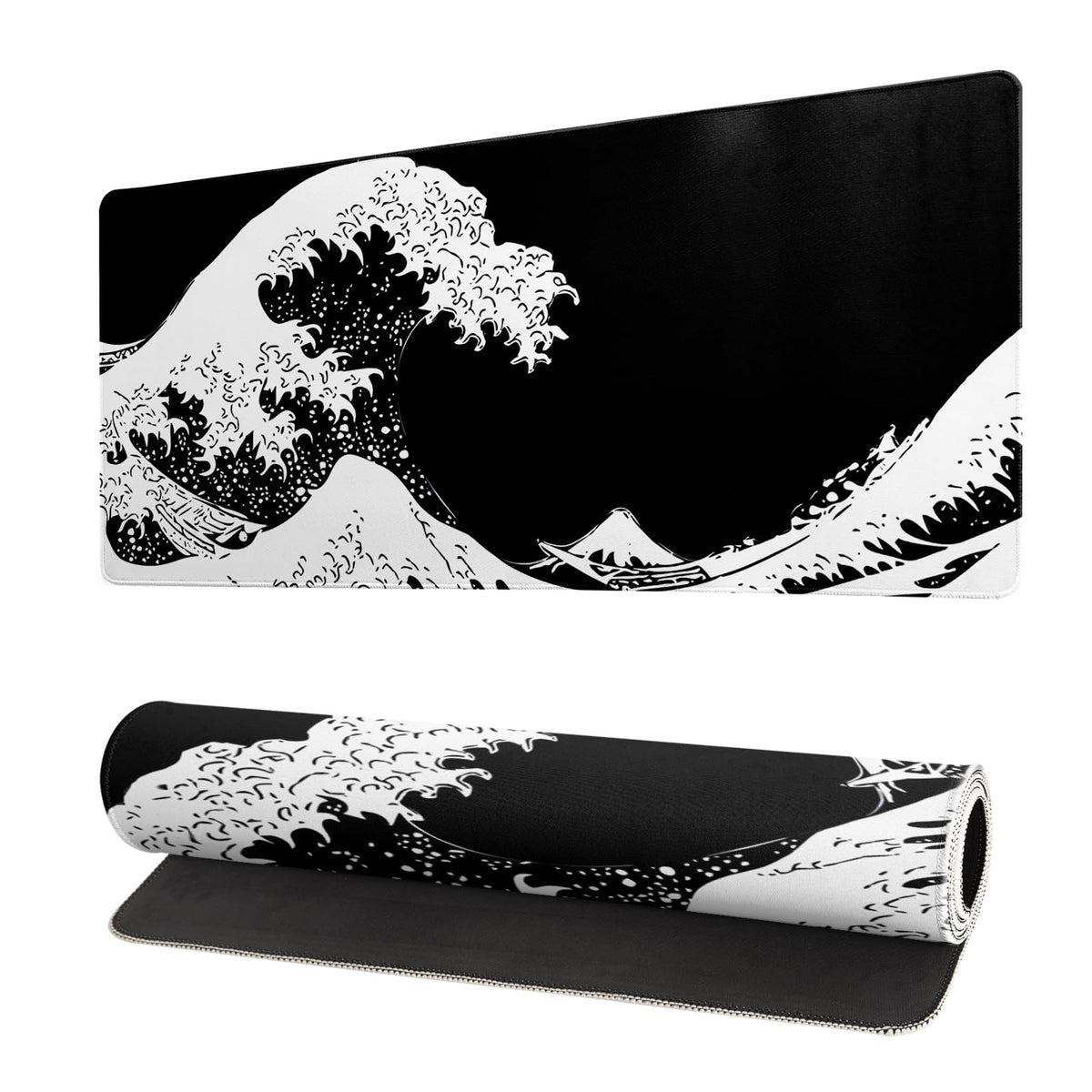Japanese Sea Wave Large Mouse Pad, Abstract Black Gaming Mousepad, Extended Kanagawa Mat Desk Pad