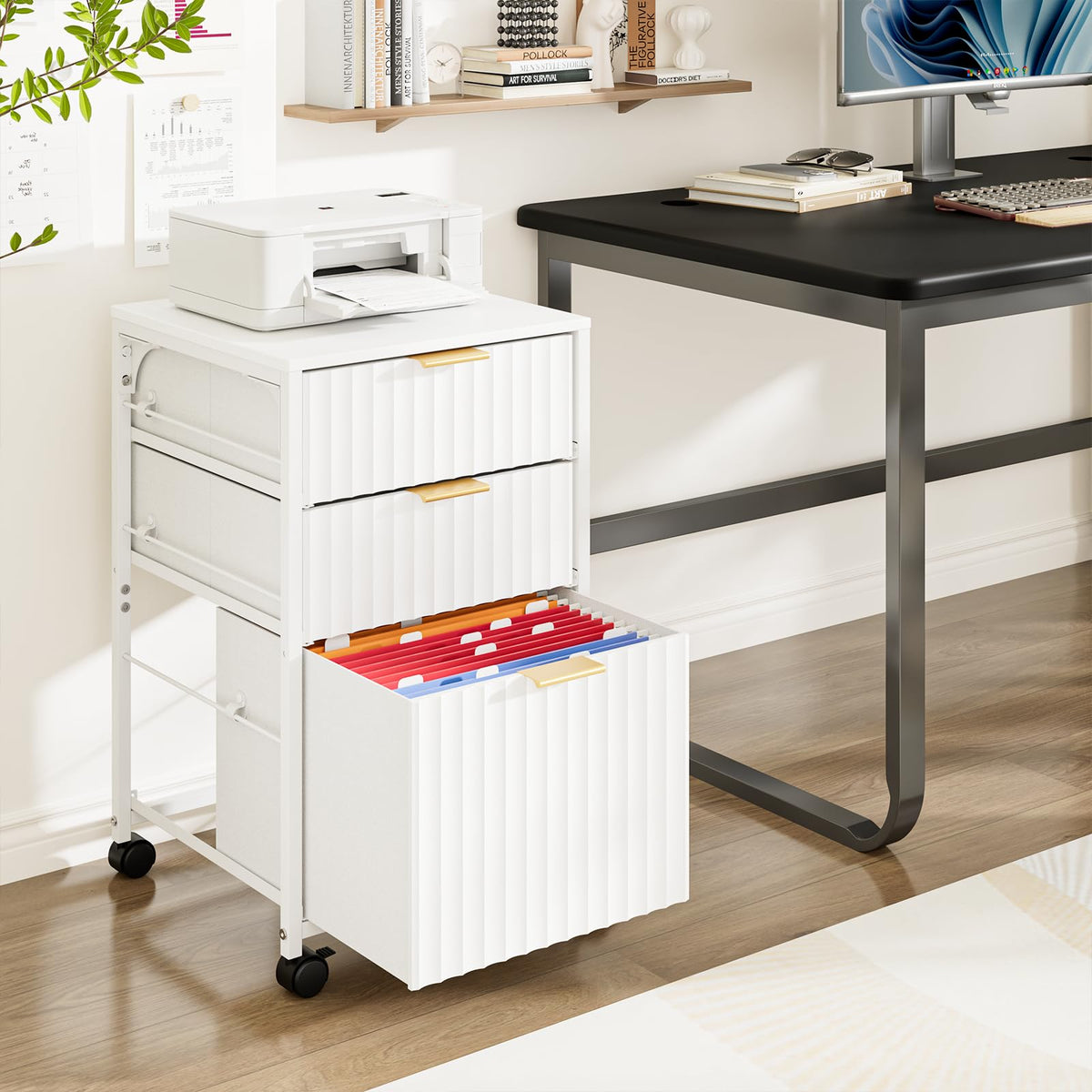 Bonnlo 3 Drawer Fluted File Cabinet, Rolling File Cabinet Mobile Under Desk File Cabinet with