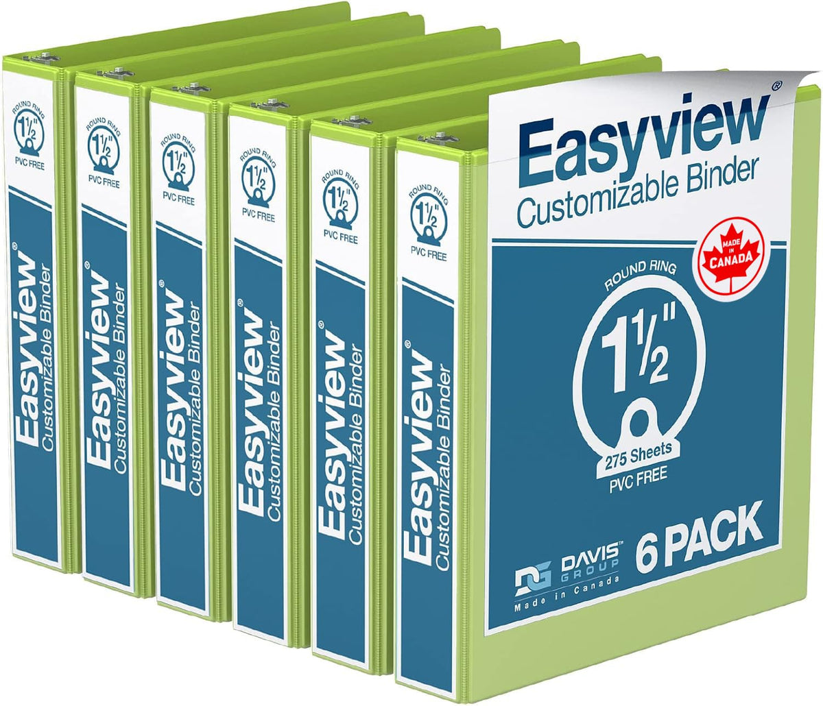 Easyview 3-Ring Binder, Clear-View Cover, 1.5" Round Rings, Lime Green, 6Pk