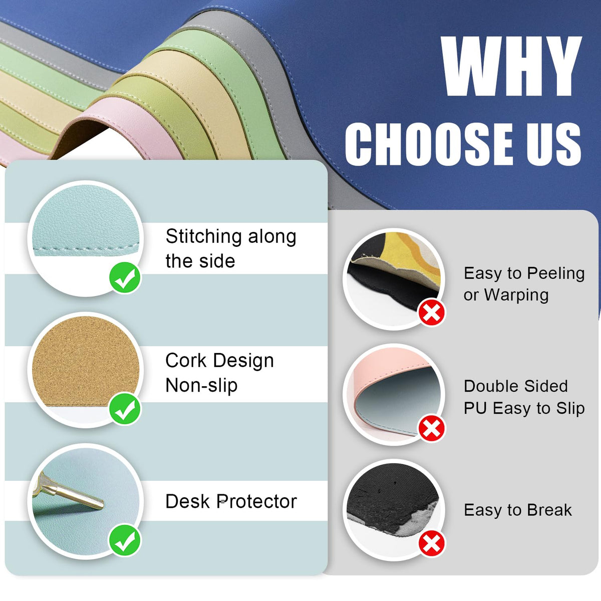 Large Desk Pad 35.4" x 17", Non-Slip Desk Mat with PU Leather & Natural Cork, Waterproof Writing