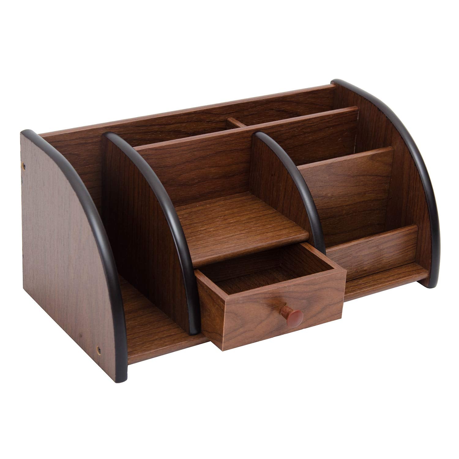 Liry Products Cherry Brown Wood Desktop Organizer Multiple Compartments Stepped Racks Drawer Shelf