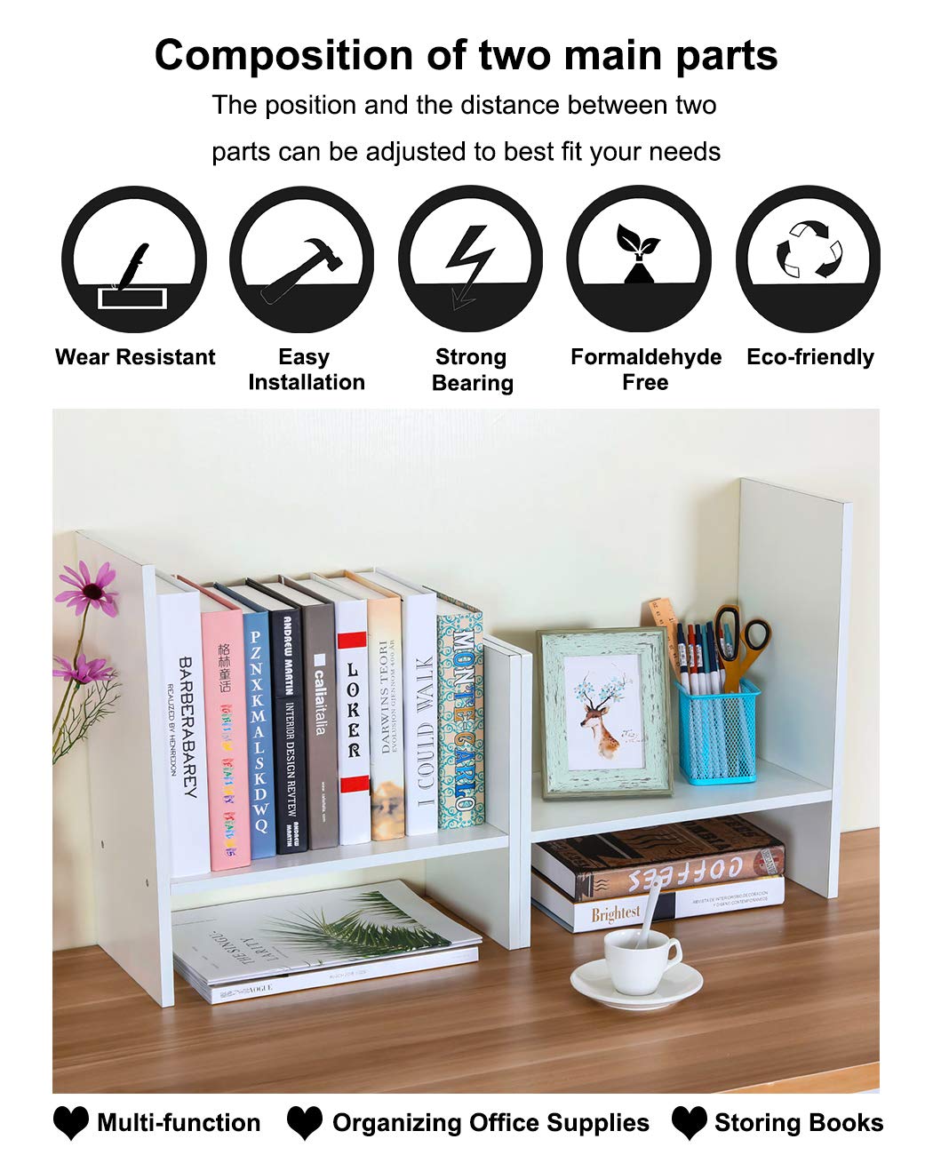 PAG-Mass Desktop Bookshelf Freestanding Wooden Countertop Bookcase Accessories Organizer Display