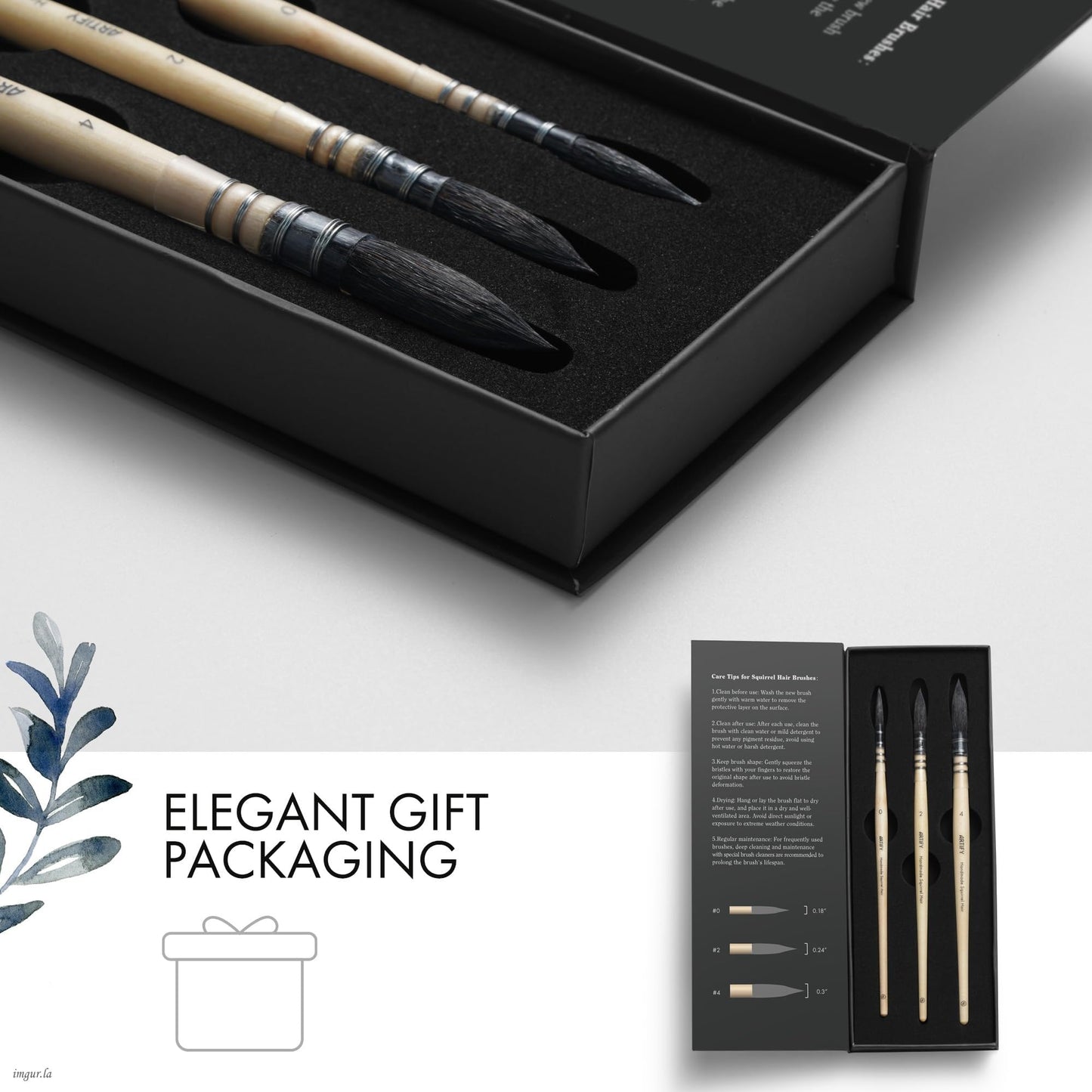 ARTIFY 3PCS Professional Natural Squirrel Hair Quill Round Fine Tip Detail Watercolor Brush Set |