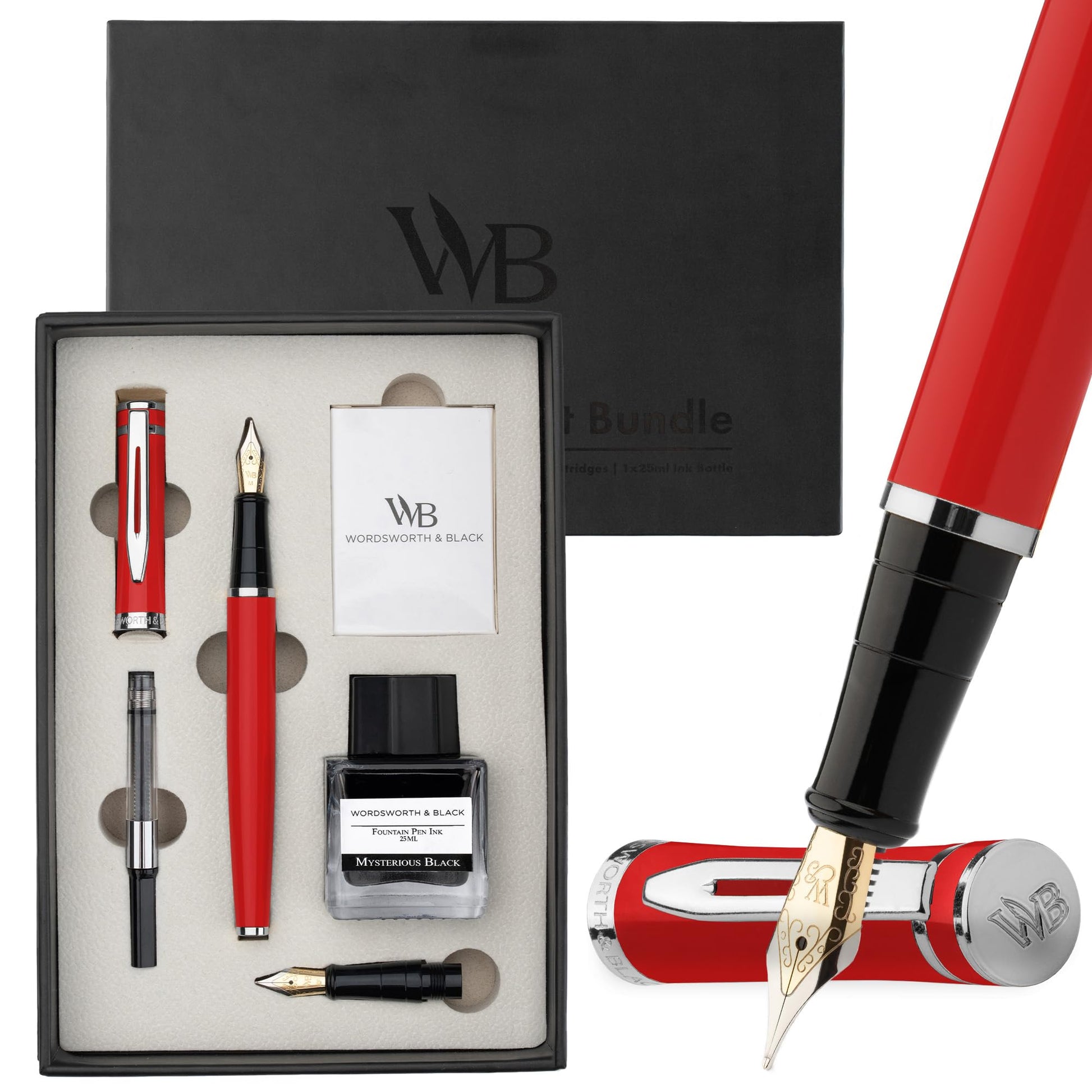Wordsworth & Black Fountain Pen Gift Set, Medium & Extra Fine Nib, Red