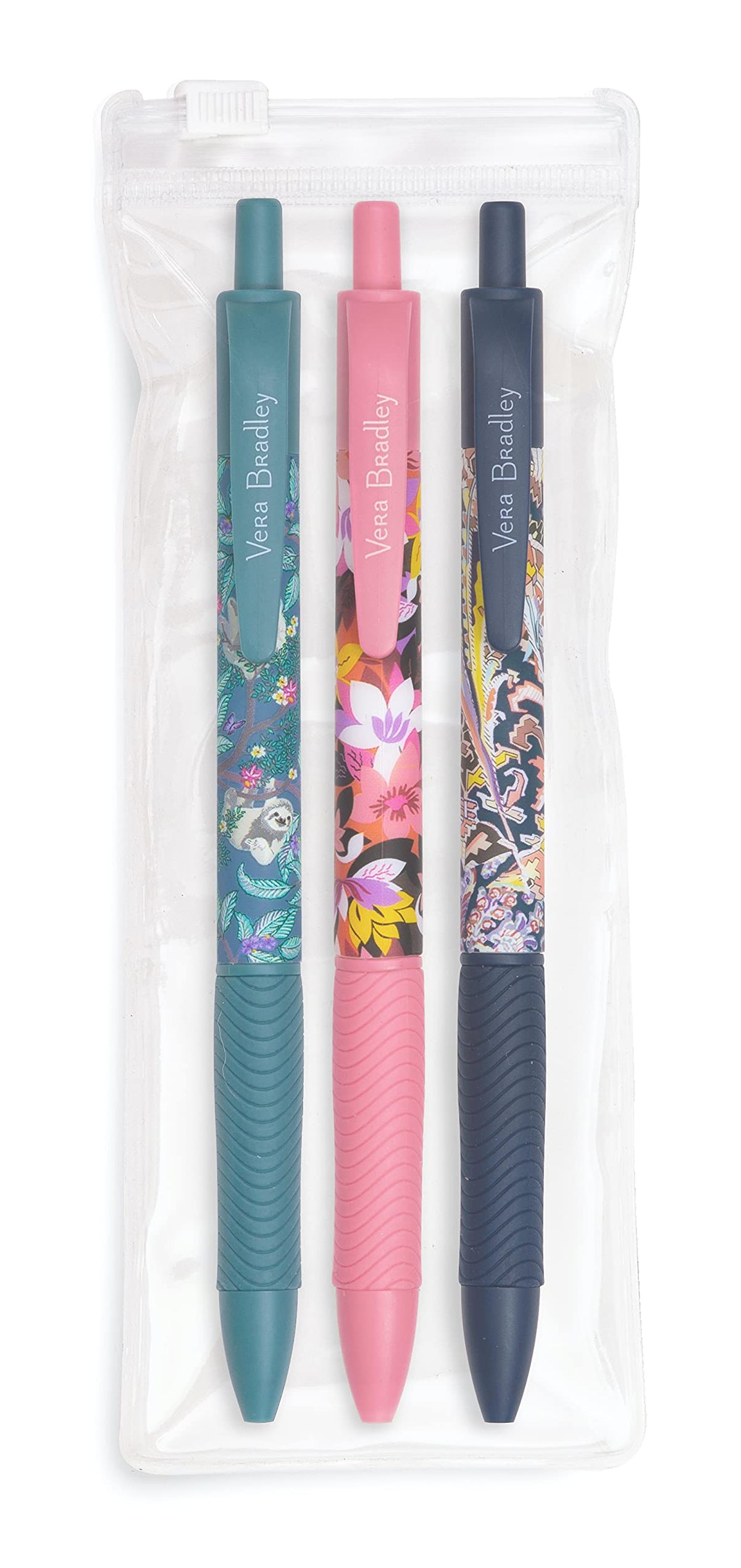Vera Bradley Black Ink Pen Set of 3, Colorful Retractable Pens, Plastic Click Pens with Zip Pouch