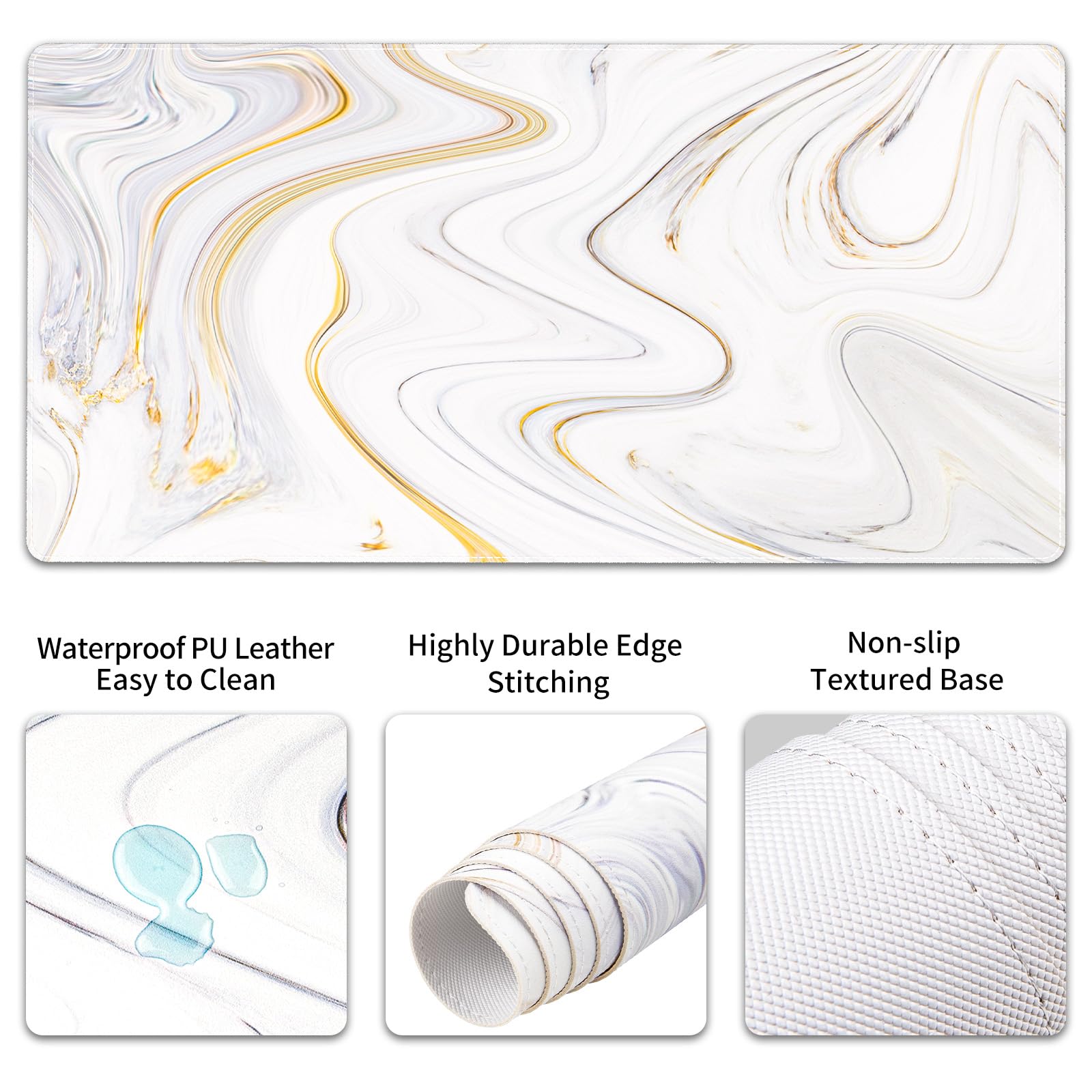 QiyI PU Leather Desk Mat Set, 4-in-1 Ergonomic Wrist Rest, Marble Stripes