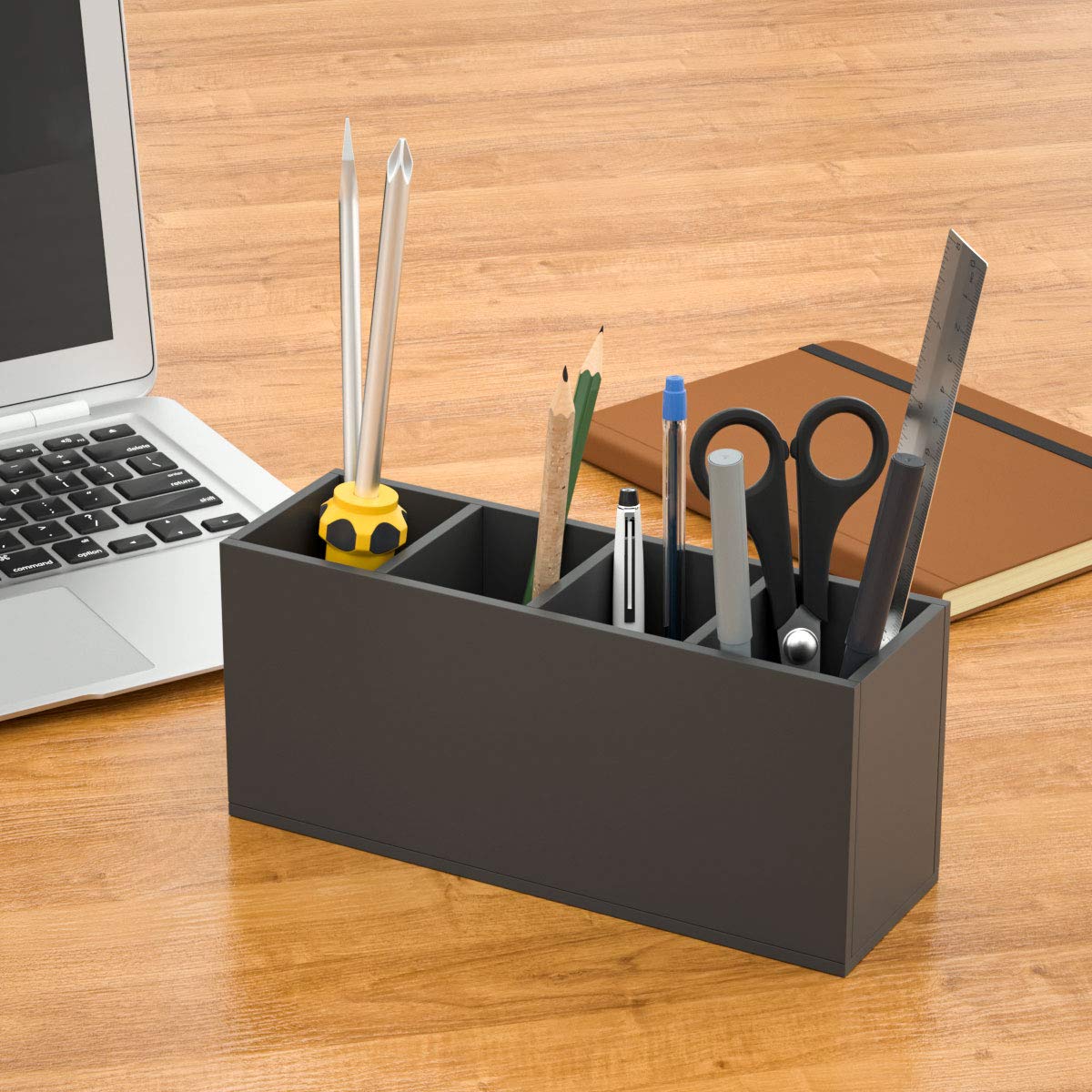 NIUBEE Acrylic Pen Holder 4 Compartments, Black Pencil Organizer Cup for Countertop Desk Accessory