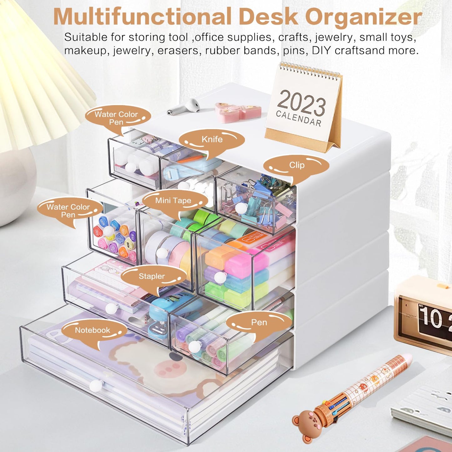 FODIENS Desk Storage Organizer with 9 Drawers, 4 Tiers Stackable Desktop Craft Storage Drawers