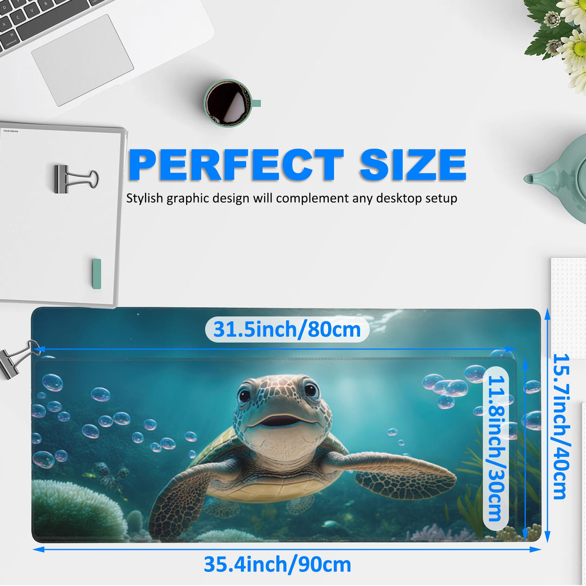 Desk Mat, Cute Turtle Smiling Under The Sea Extended Gaming Mouse Pad Large, 35.4"x15.7" Big Mouse