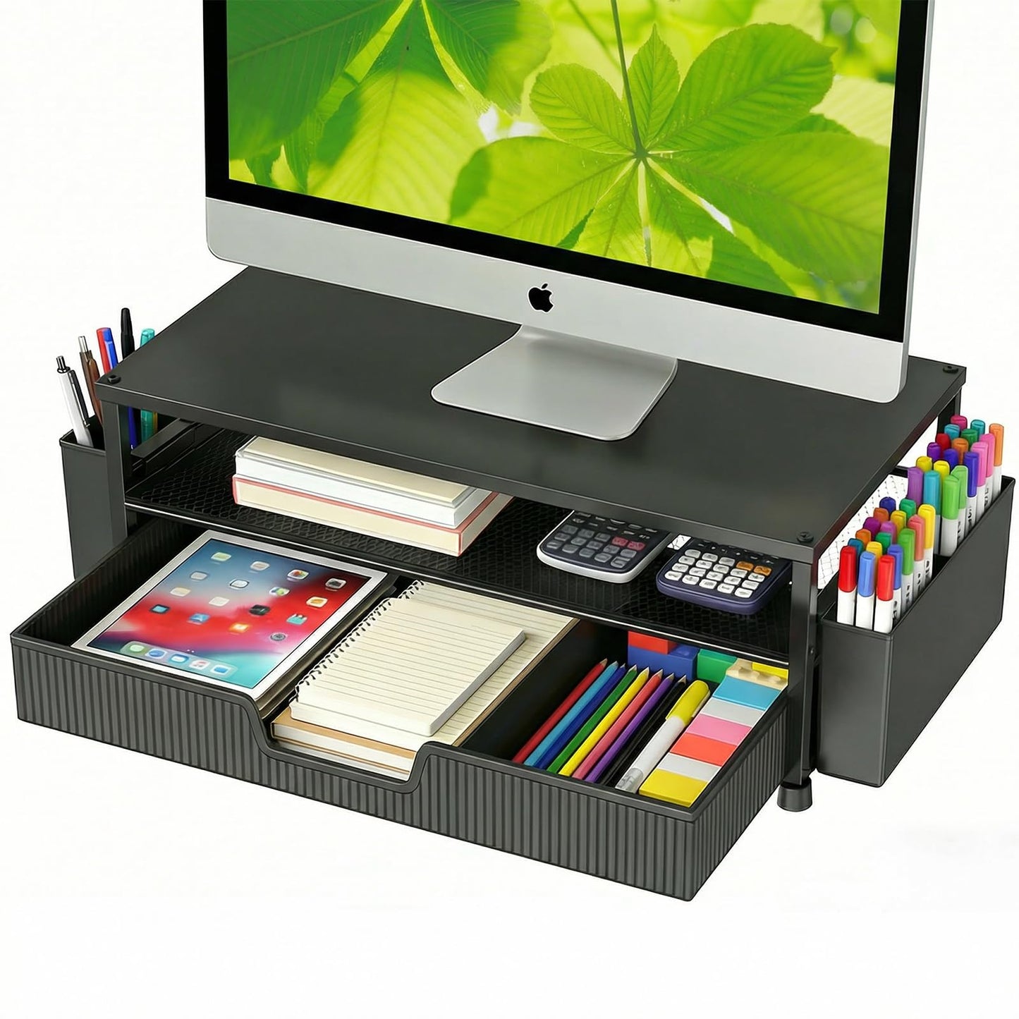 ECOLOVI Desk Organizer and Accessories, 2-Tier Computer Monitor Stand Rise with Storage Drawer & 2
