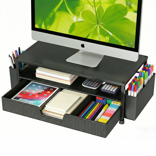 ECOLOVI Desk Organizer and Accessories, 2-Tier Computer Monitor Stand Rise with Storage Drawer & 2