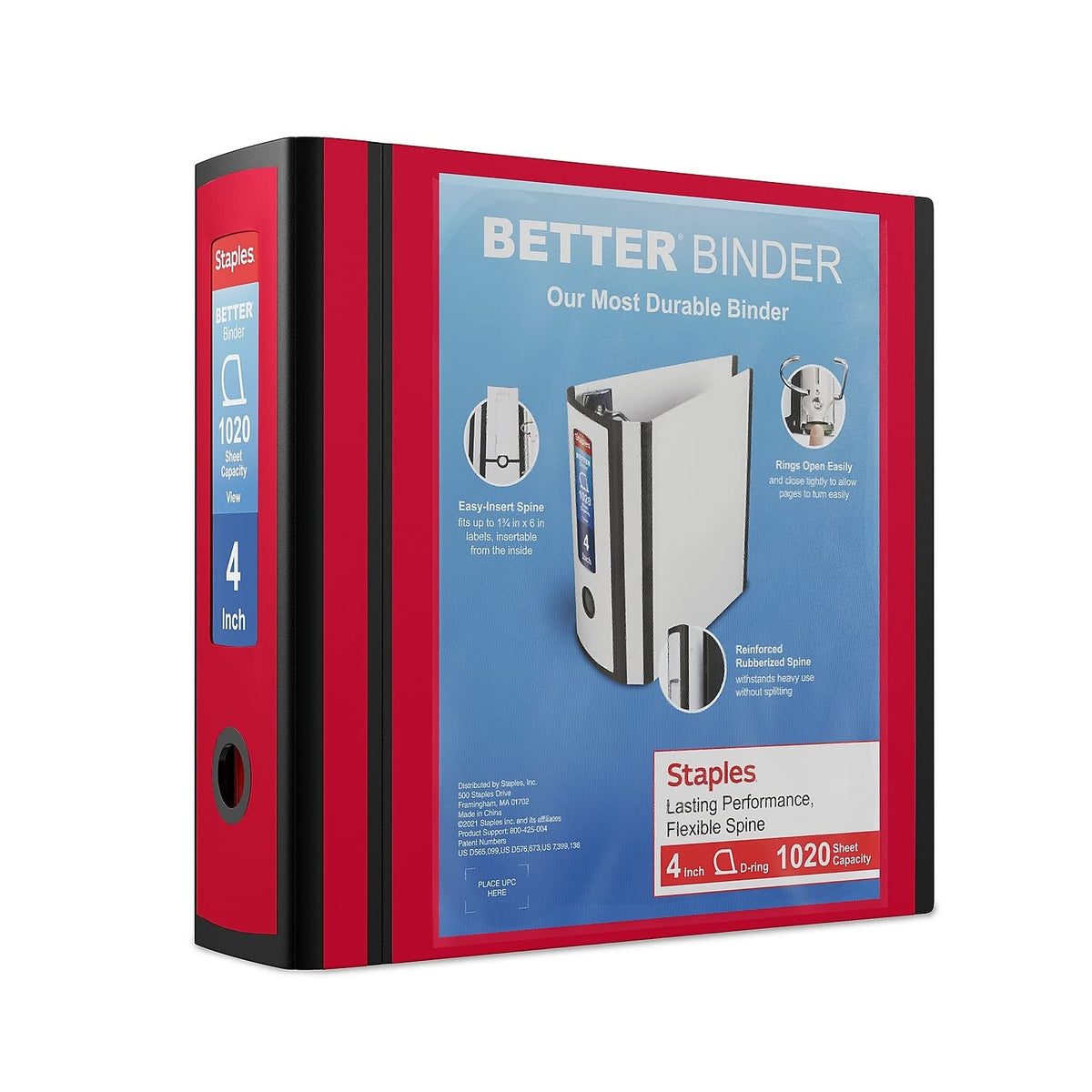 Staples Better Binder, 4 Inch D-Ring, Red, Reinforced Spine