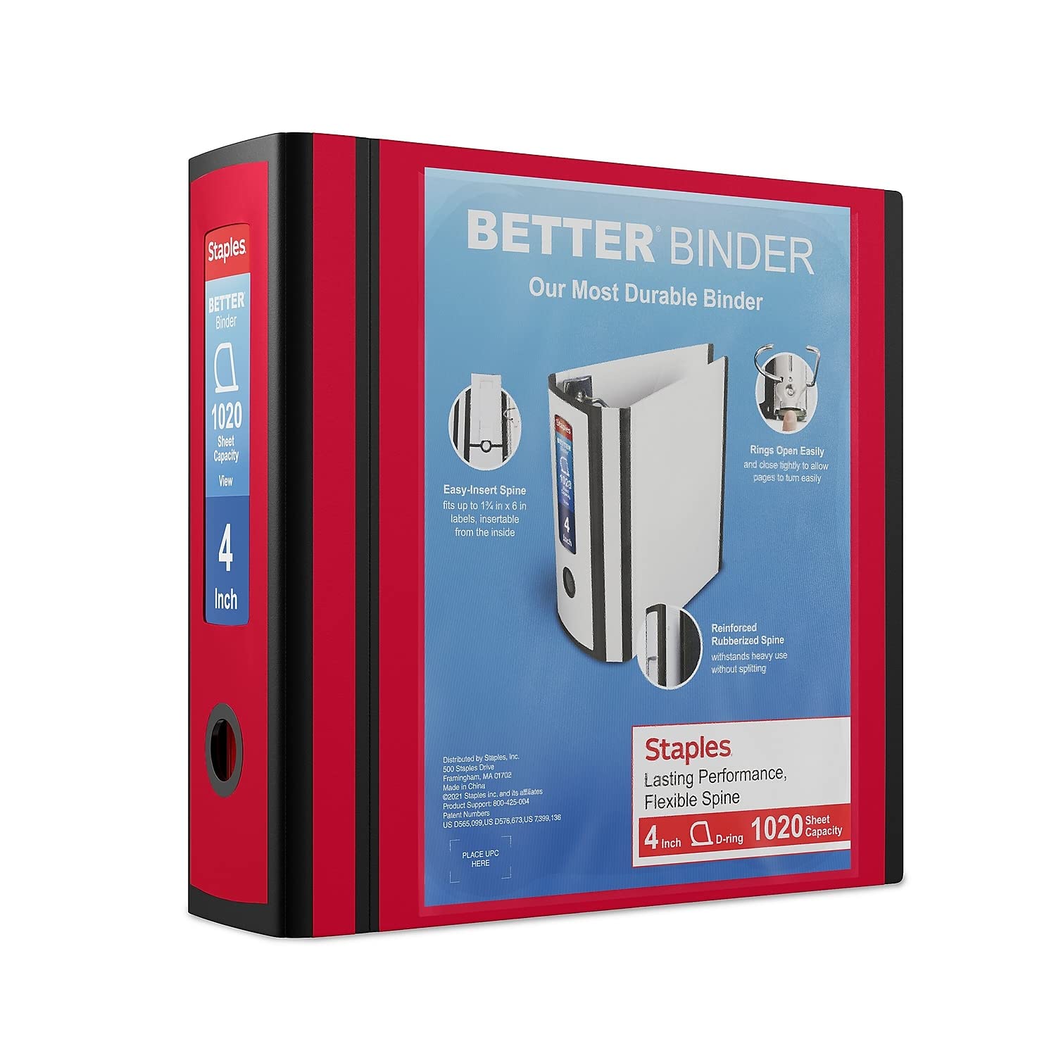 Staples Better Binder, 4 Inch D-Ring, Red, Reinforced Spine